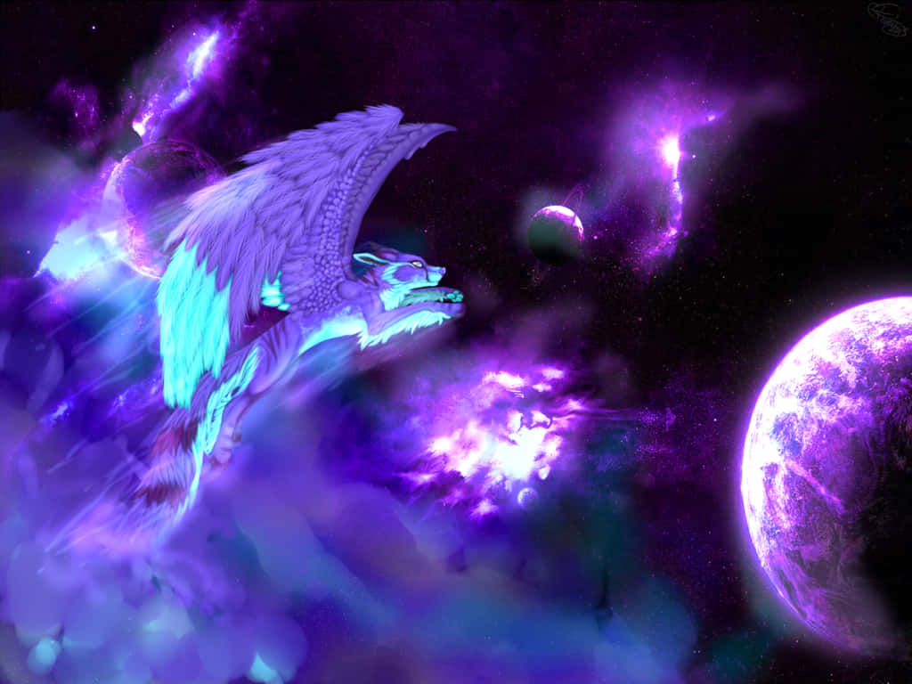 一隻發光龍飛過帶有行星和宇宙能量的紫色星雲。