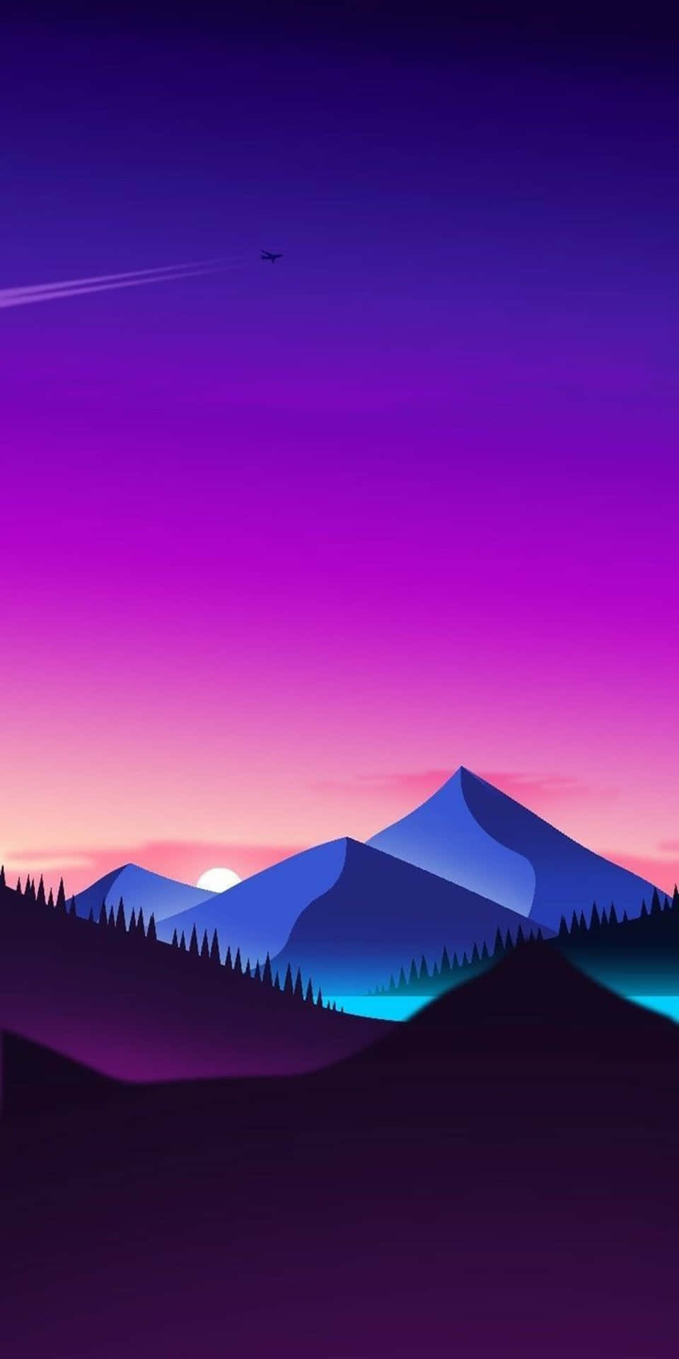紫色和粉紅色日落映襯山巒剪影，飛機留下尾跡
