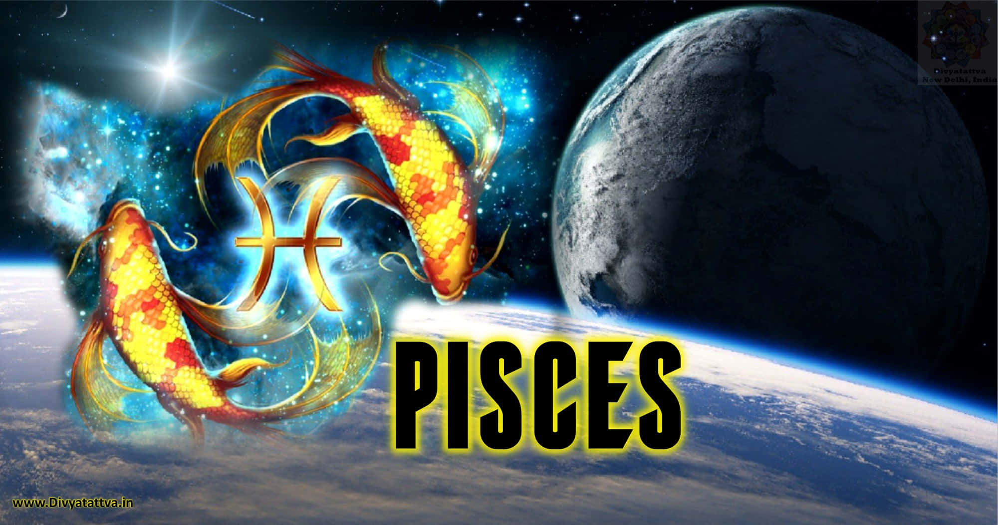 透過占星術解開星辰的奧秘 壁紙 — 兩條發光的金色魚在宇宙空間中地球旁邊游動，帶有雙魚座星座符號和粗體文字。