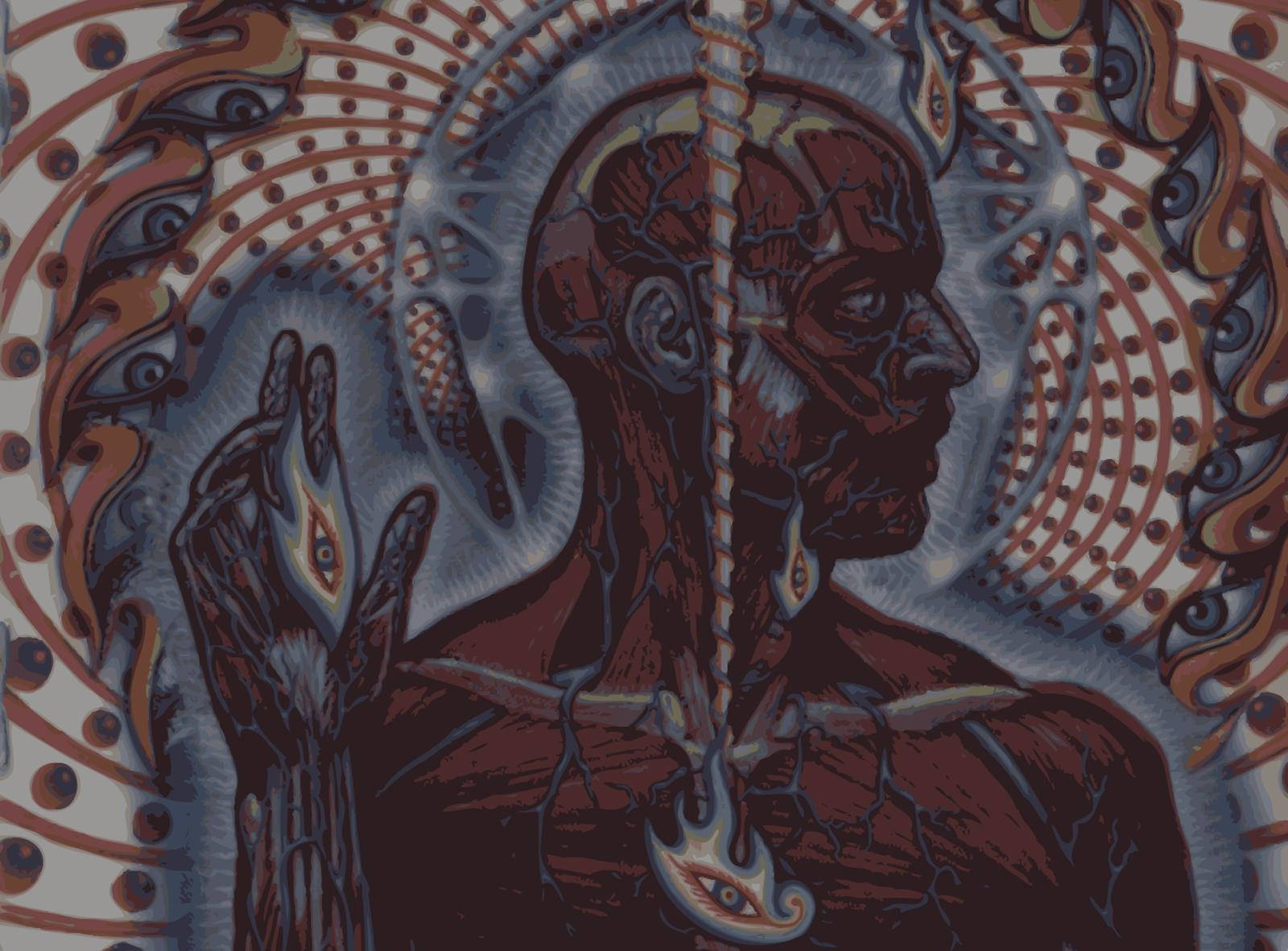 分裂的人類頭部的超現實插圖，帶有發光的眼睛和複雜的圖案。