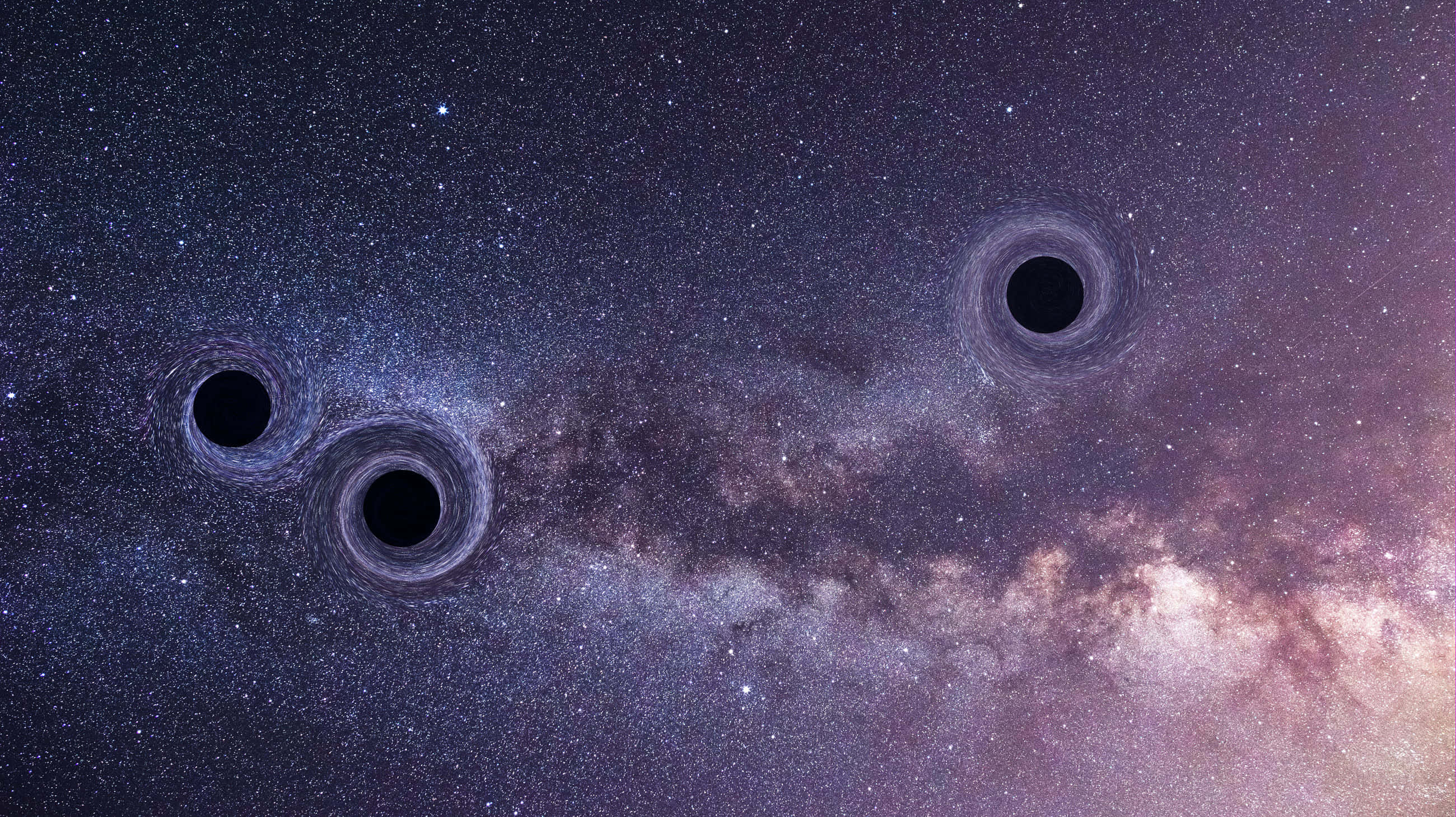 透過哈勃望遠鏡揭開黑洞的神秘面紗 壁紙 — 三個黑洞在星光熠熠的宇宙背景下旋轉，伴隨著發光的紫色和藍色星雲。