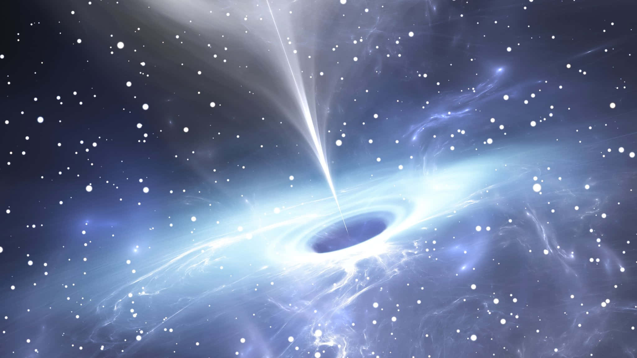 透過哈勃望遠鏡窺探黑洞深處 壁紙 — 一個宇宙黑洞，帶有發光的吸積盤和噴射流，背景是深空星場。
