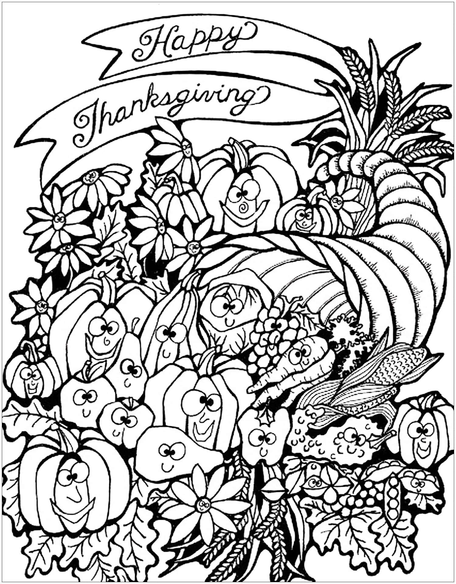 Happy Thanksgiving 豐收角裝滿微笑的南瓜、蘋果和花朵。