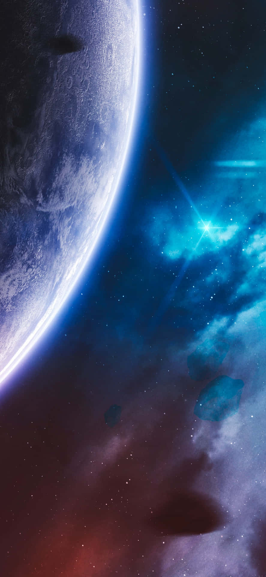 深空中帶有發光星雲和小行星的行星