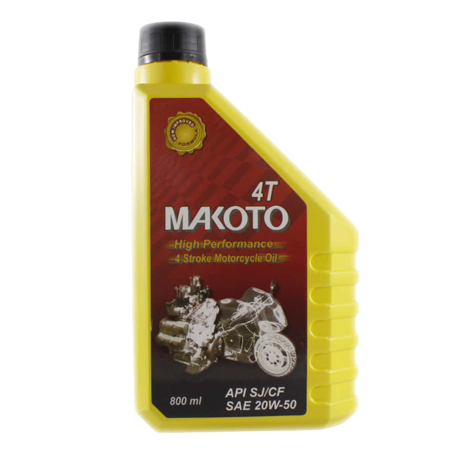 透過定期更換機油，讓引擎持續順暢運轉 壁紙 — 一個亮黃色的Makoto 4T高性能電單車機油瓶，帶有紅色標籤和引擎圖案。