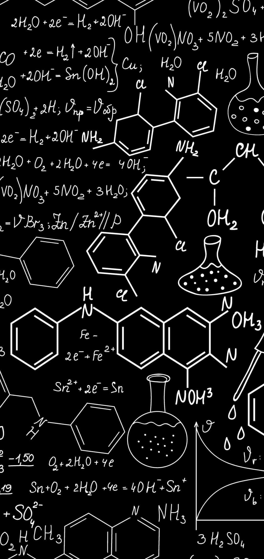 覆蓋著化學方程式和分子圖表的黑板。