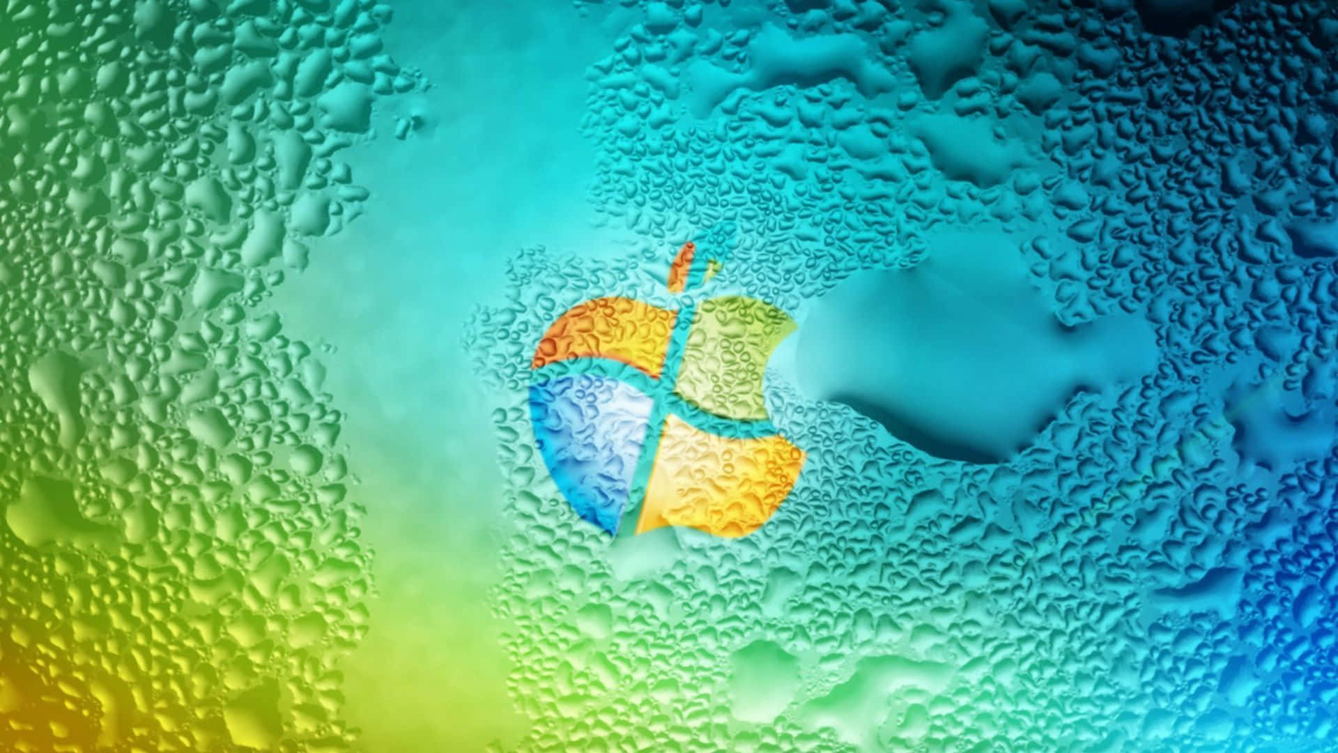 Cool Desktop 桌布 壁紙 — 透過帶有水滴紋理的玻璃表面觀看的彩色Windows標誌，搭配漸變背景。
