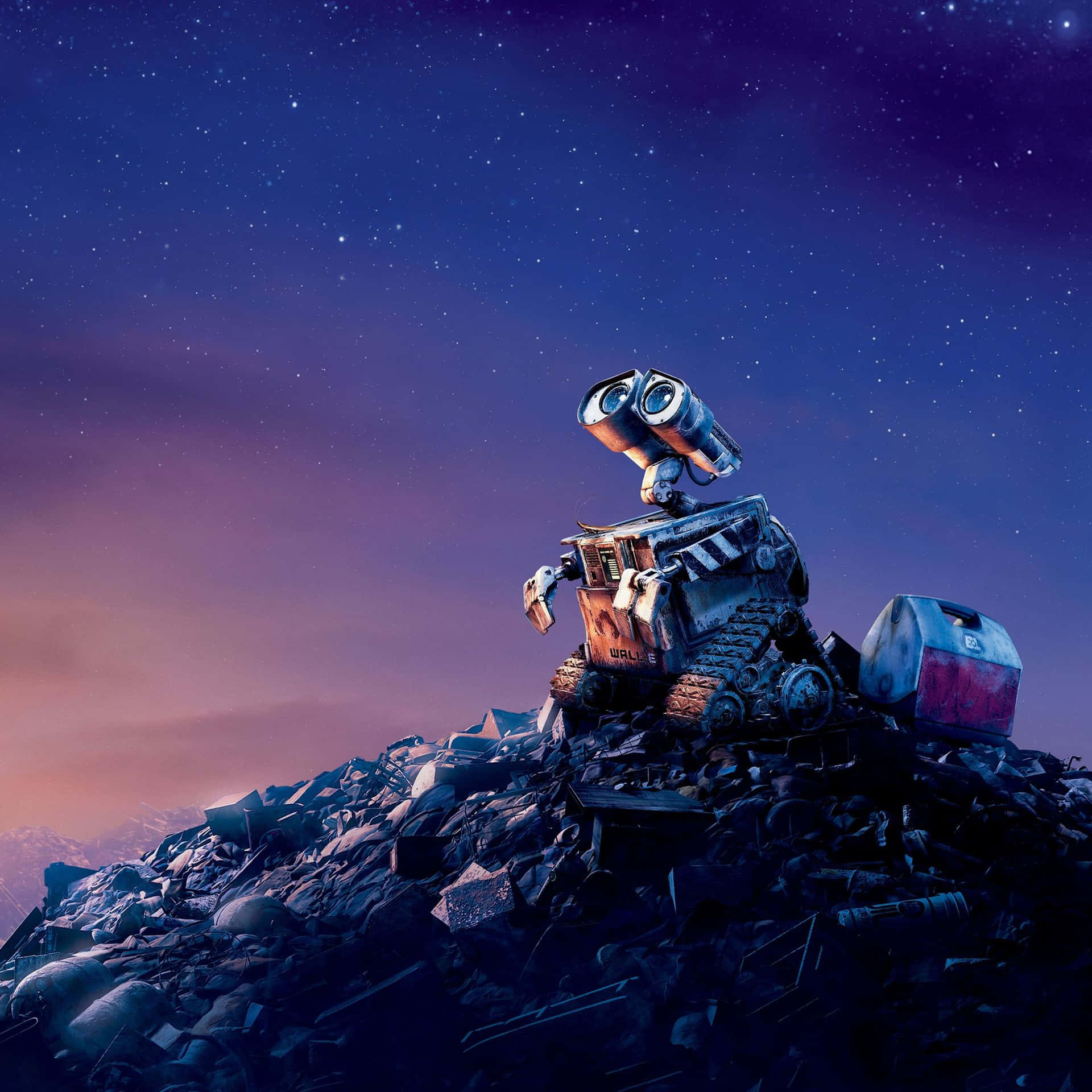 WALL-E 機器人在星空暮色天空下的垃圾堆上