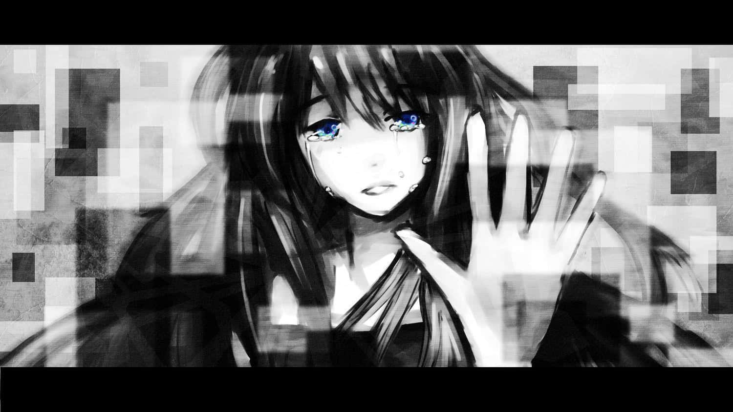 藍眼睛的動漫女孩在像素化玻璃屏障後哭泣。