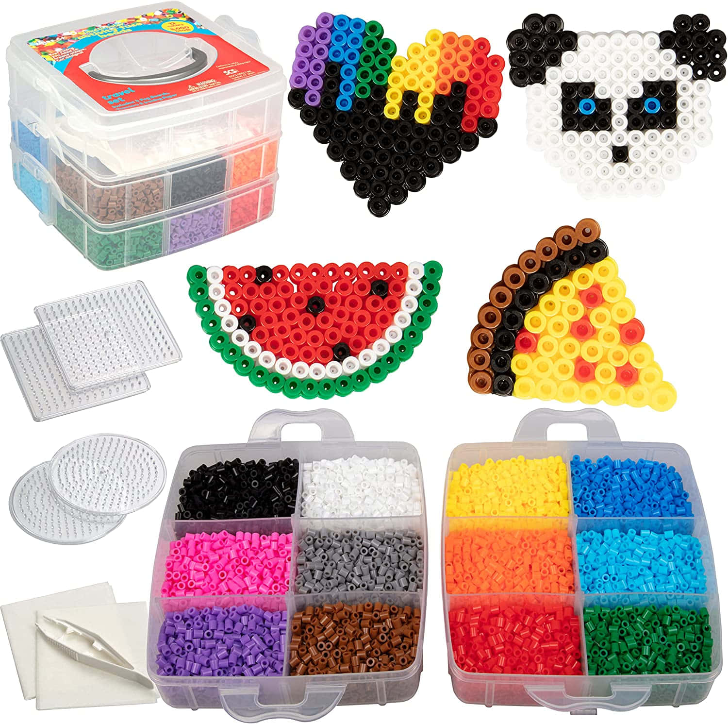 Perler珠子工藝套裝，配有色彩繽紛的設計和珠子容器。