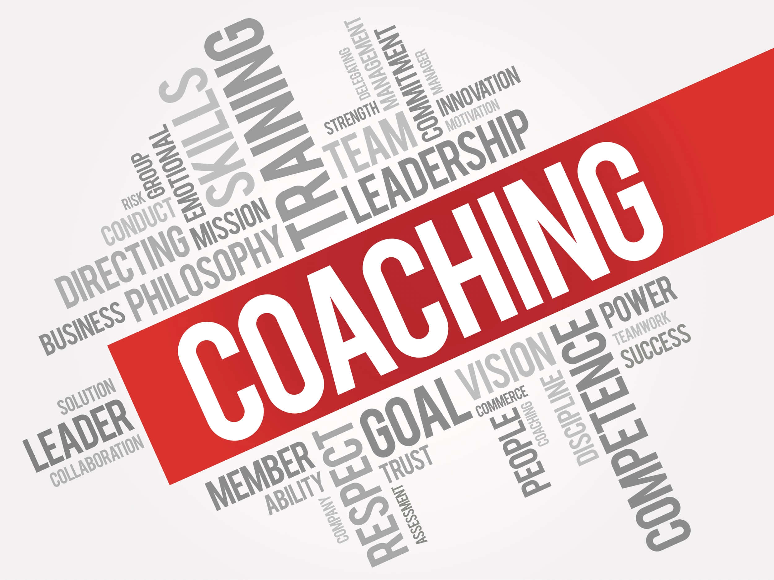 透過指導邁向更光明的明天 壁紙 — 一個大膽的文字雲，以「COACHING」為中心，相關詞彙如領導力、信任和目標以灰色文字顯示在紅色斜角橫幅上。