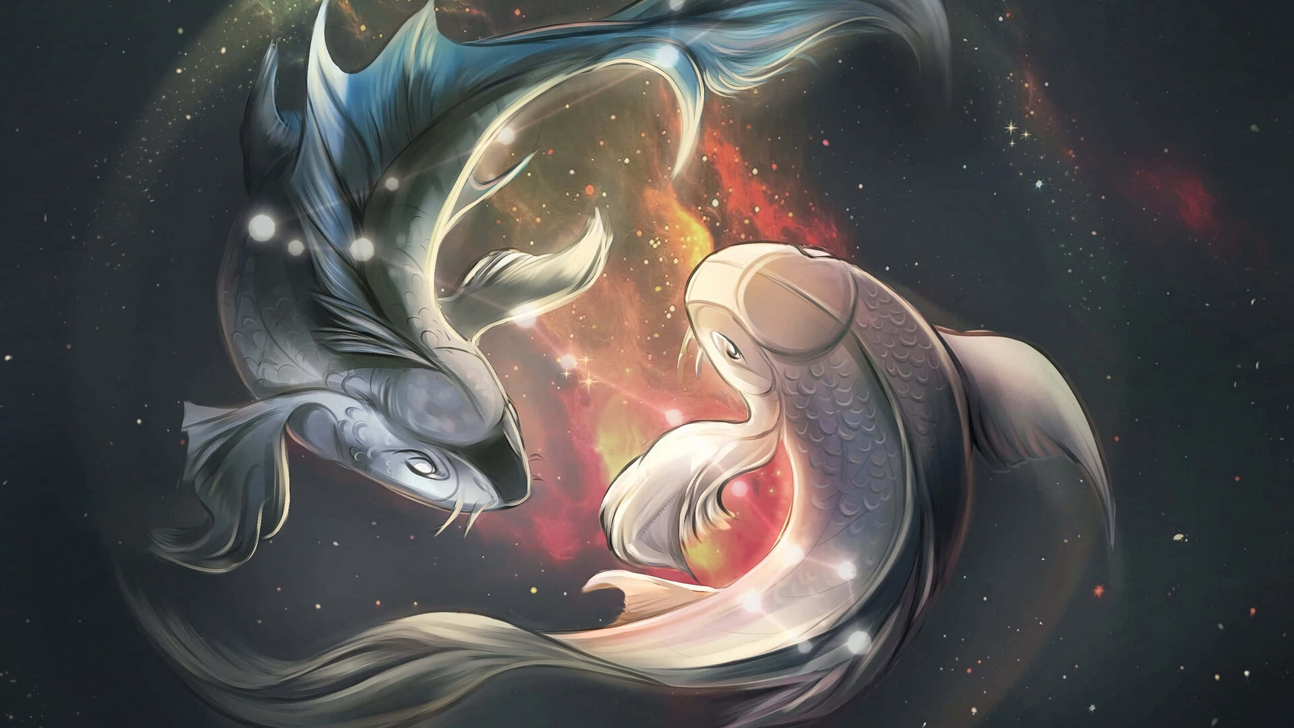 透過星座窺探你的未來 壁紙 — 兩條雄偉的錦鯉在宇宙和諧中游動，背景是充滿旋轉星星和發光粒子的 vibrant 星雲。