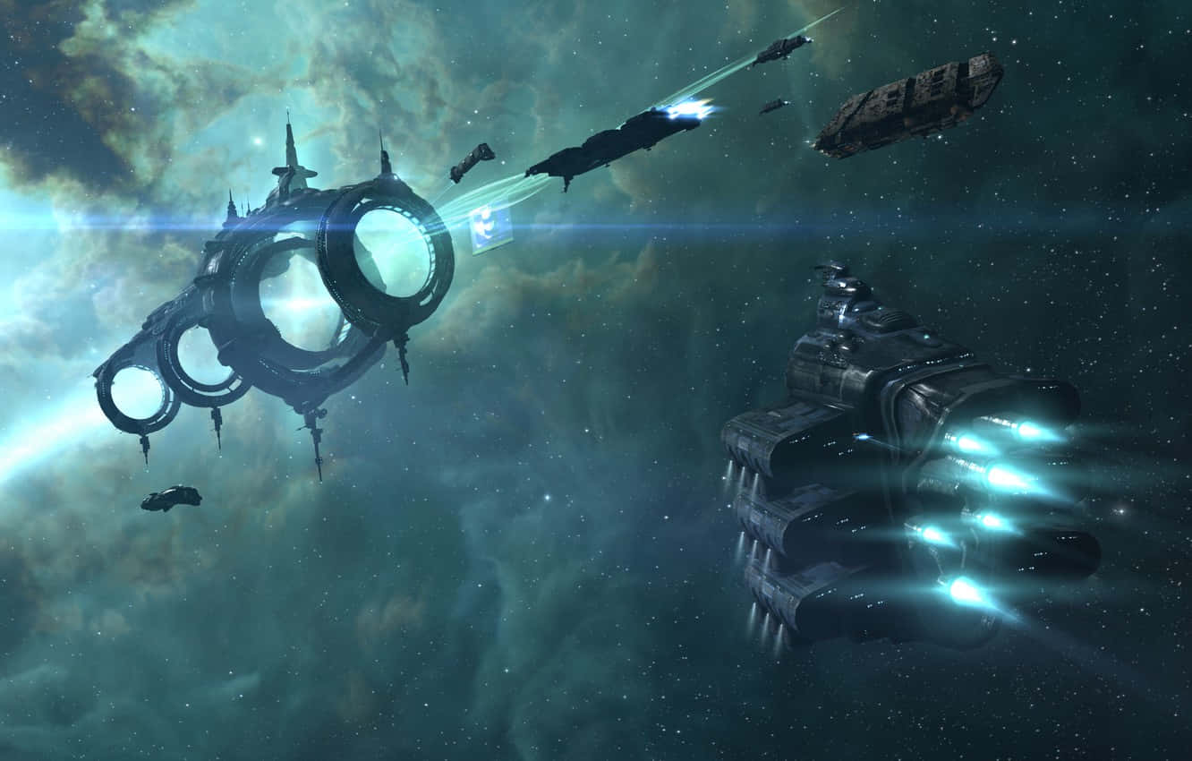 太空船在發光的星雲中進行宇宙戰鬥，發射激光。