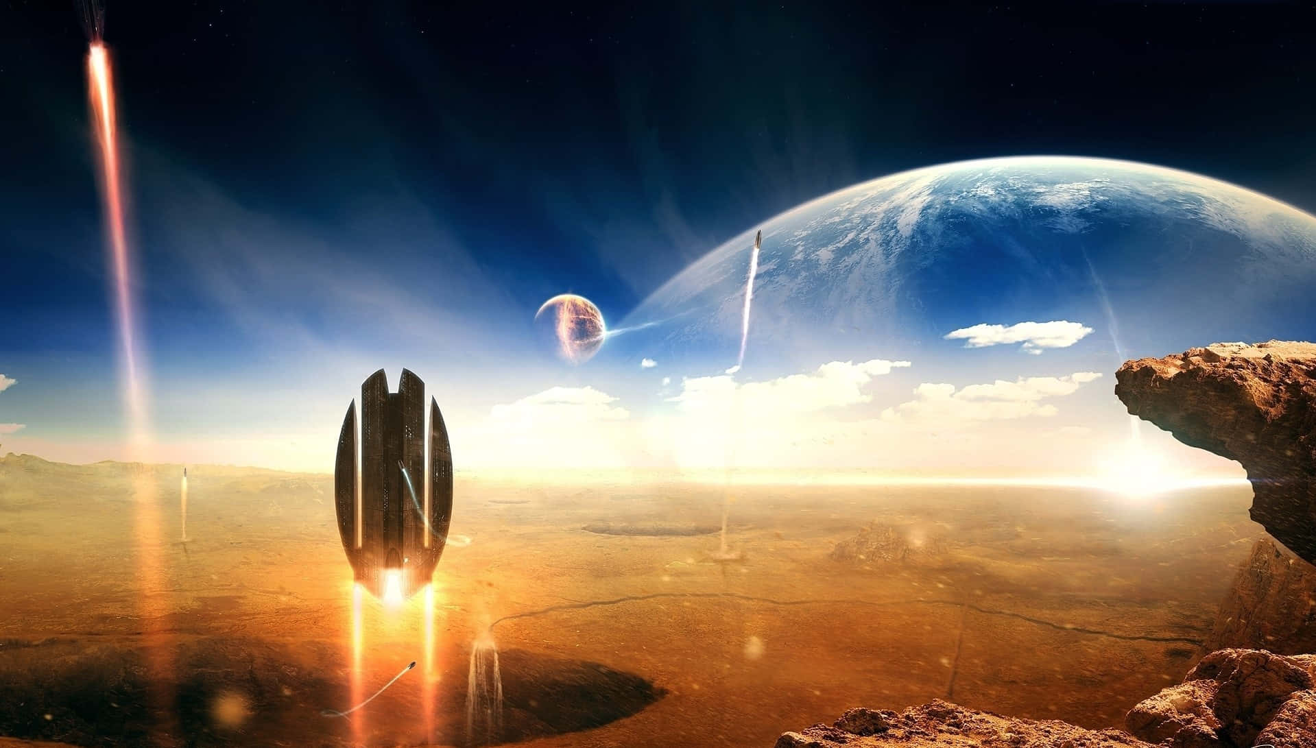 未來主義太空船從沙漠星球發射，地球和月球在日出天空中