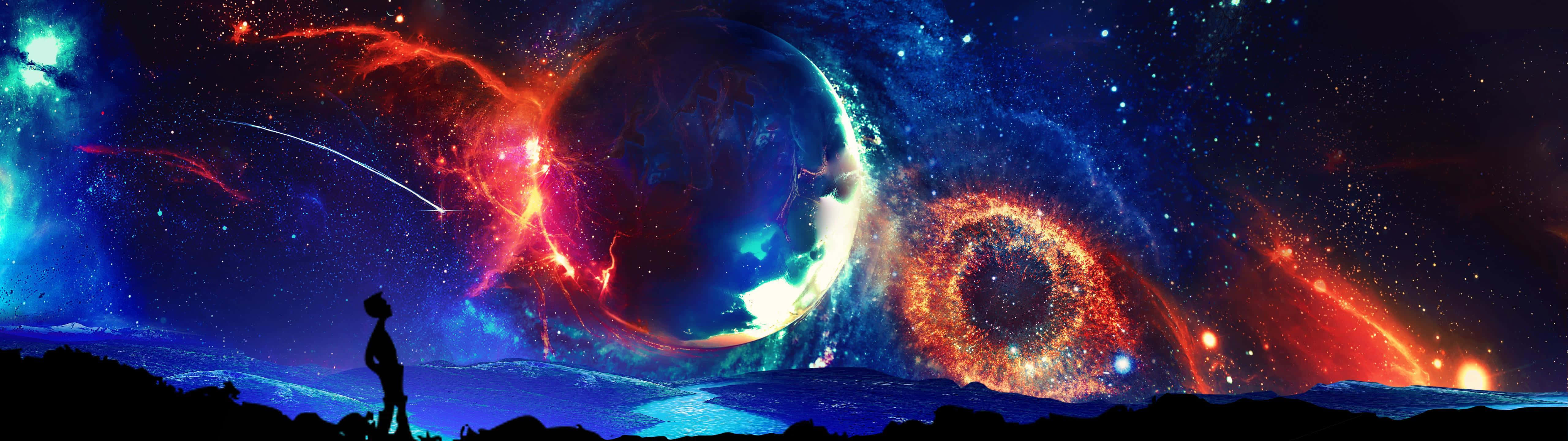 一個人在夜間觀看充滿活力的宇宙星雲和星系的剪影。