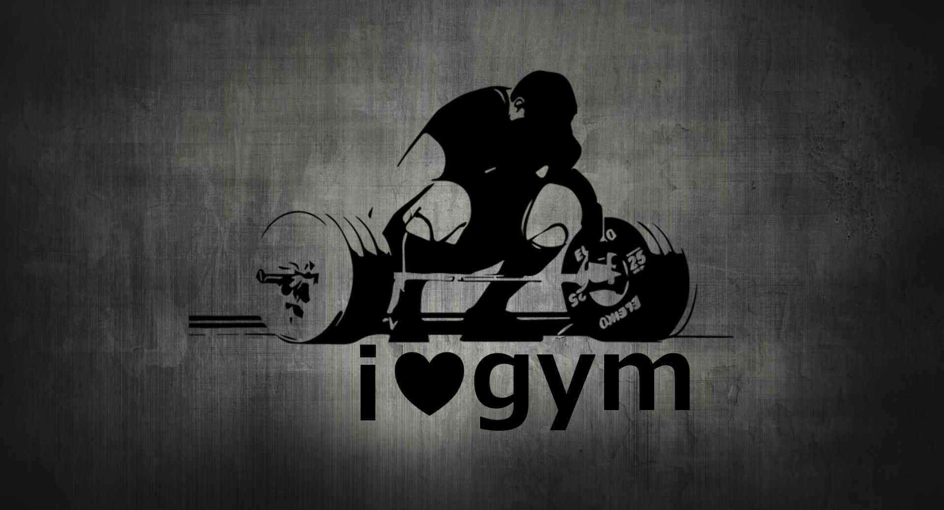 黑色舉重運動員剪影，在灰色牆壁上舉起槓鈴，並帶有 i heart gym 文字。