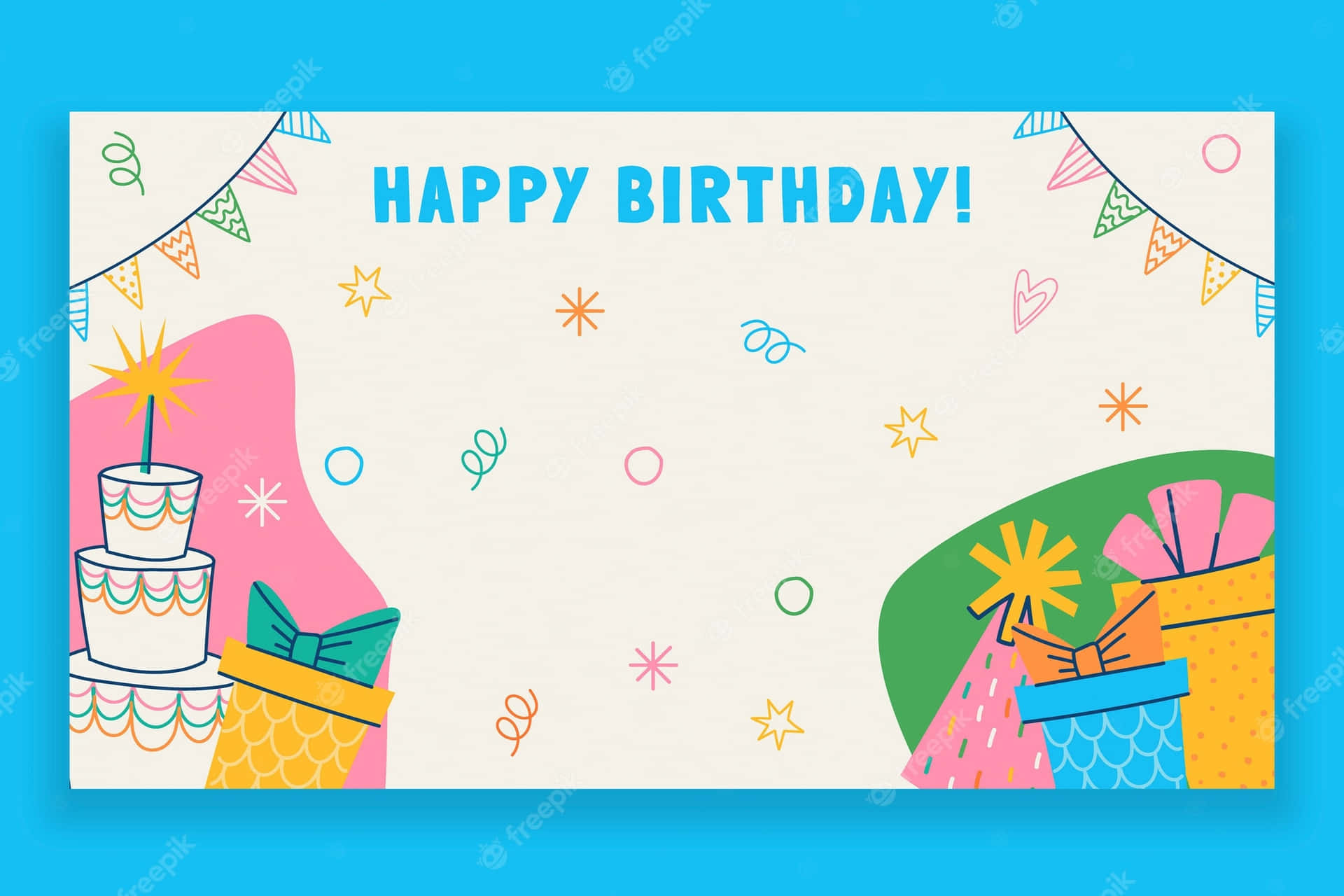 生日卡，附有蛋糕、禮物和紙屑，適合慶祝