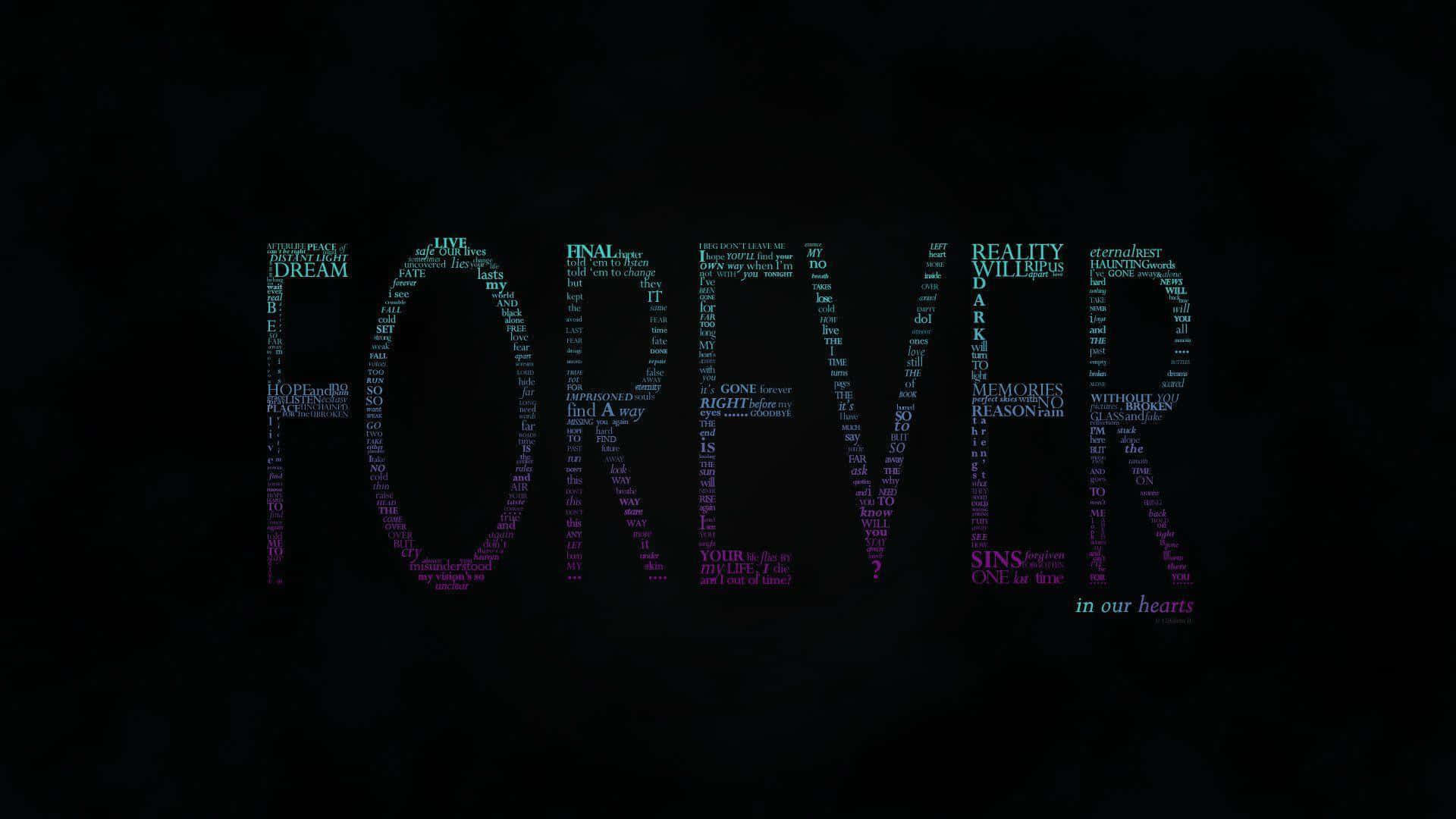 文字藝術，在黑色背景上每個字母內包含較小的單詞，拼出 FOREVER。