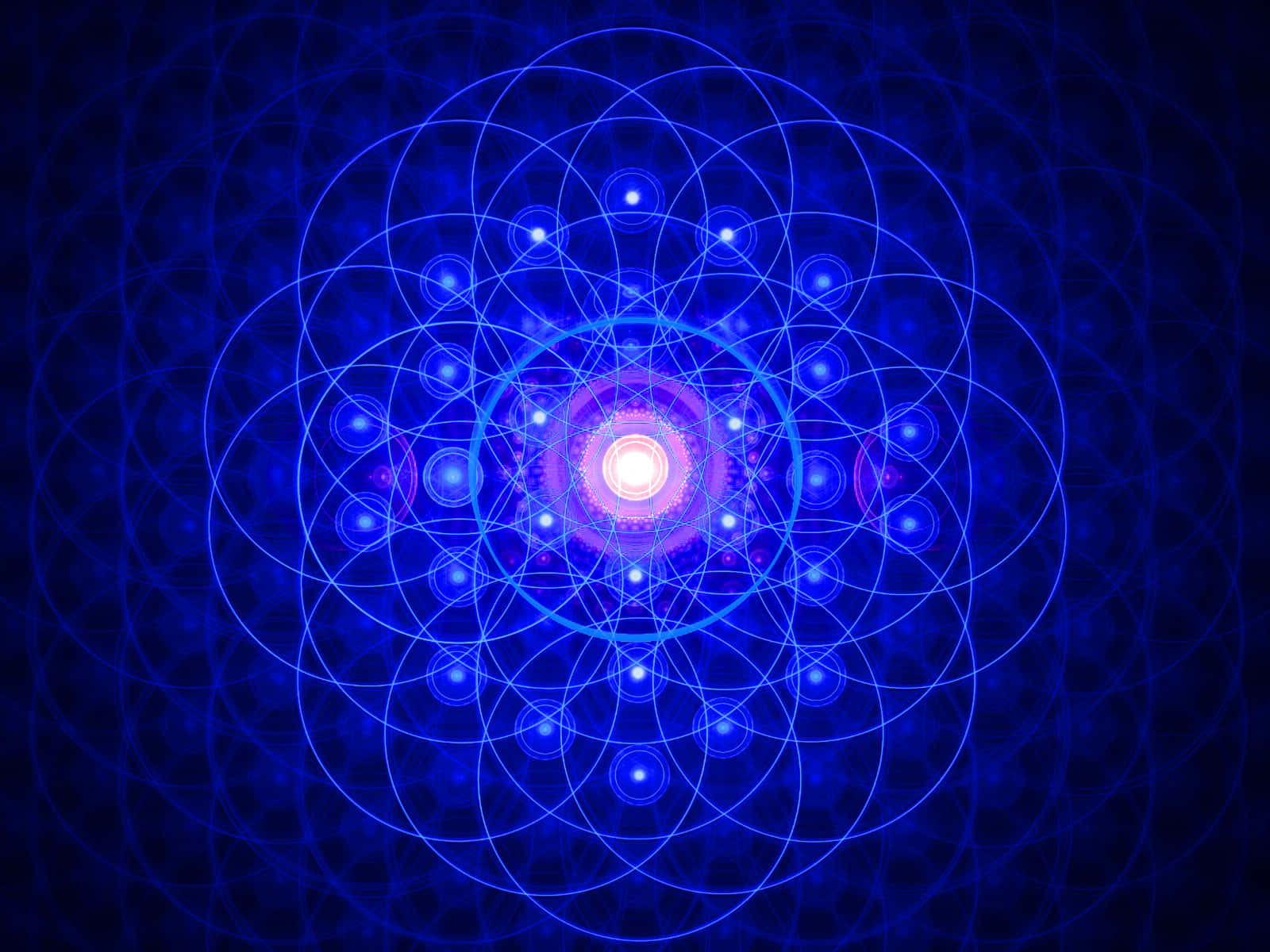 一個發光的藍色幾何曼陀羅，帶有相交的圓圈和球體，在黑暗背景上。