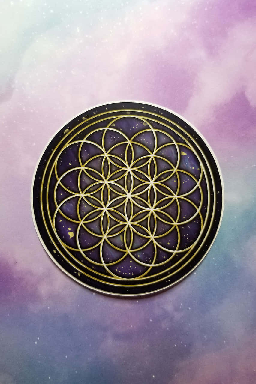 金色生命之花符號，位於紫色宇宙背景上，帶有星星。