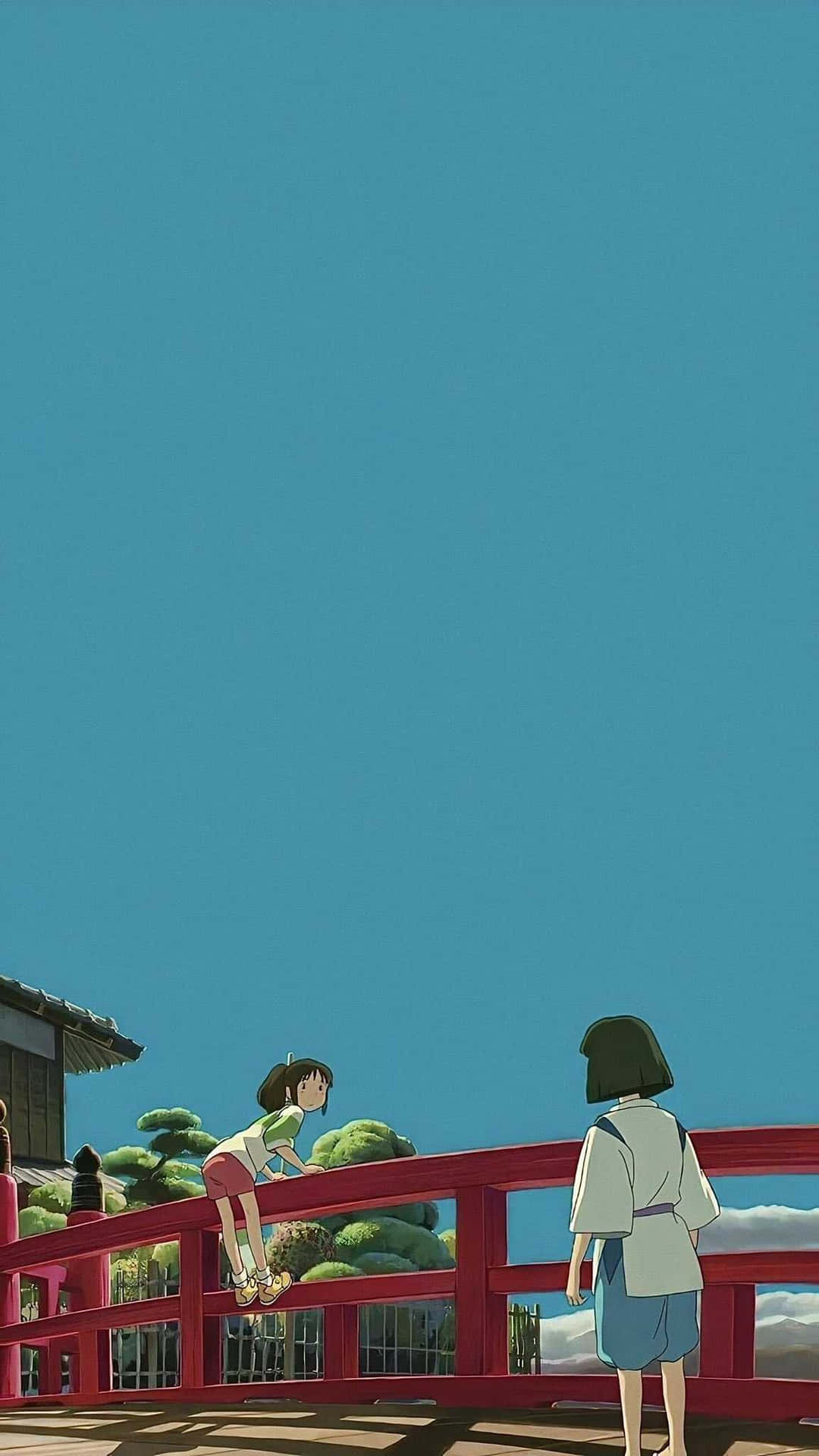 兩個動漫女孩在紅橋上，藍天白雲