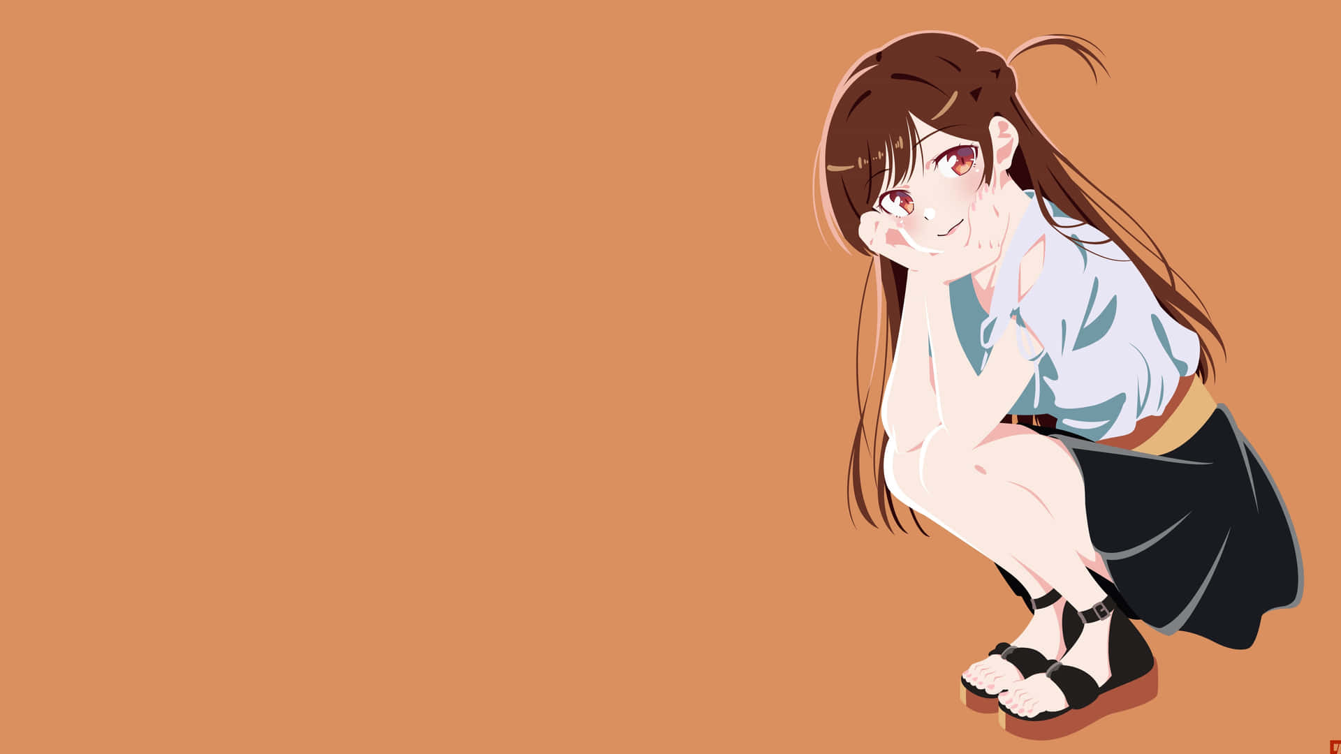 動漫女孩在橙色背景前蹲下，雙手托腮