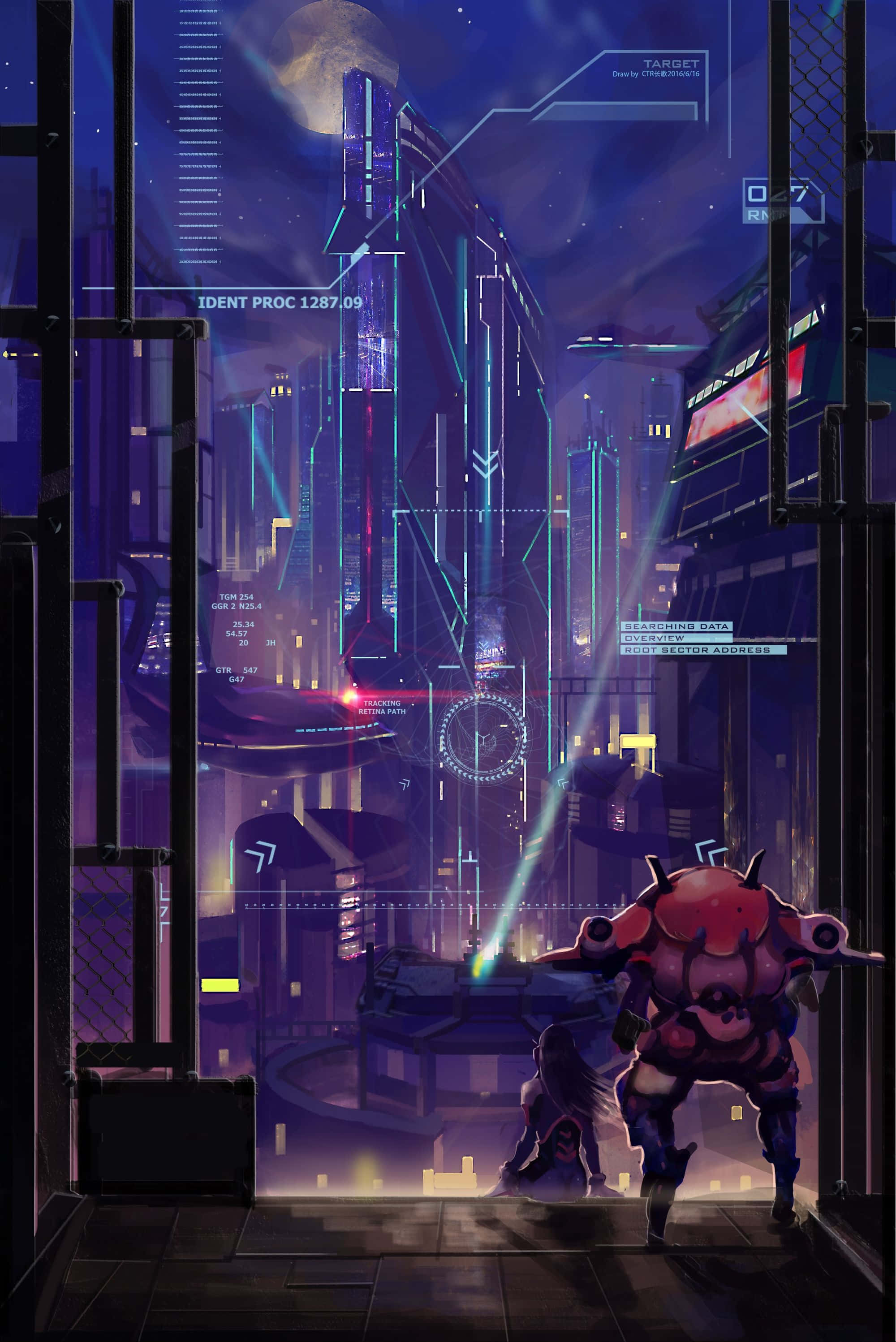 Aesthetic Overwatch 桌布 壁紙 — 透過窗戶看到的未來城市夜景，帶有紅色裝甲人物和全息界面疊加。