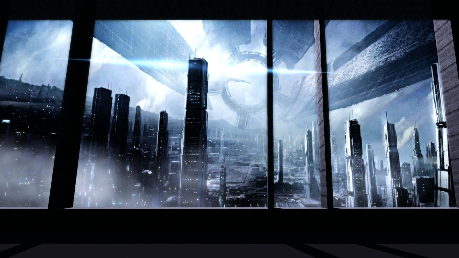Mass Effect Citadel 桌布 壁紙 — 透過窗戶看到的未來城市景觀，一座巨大發光的環形太空船在暴風雨的天空下懸浮於摩天大樓之上。