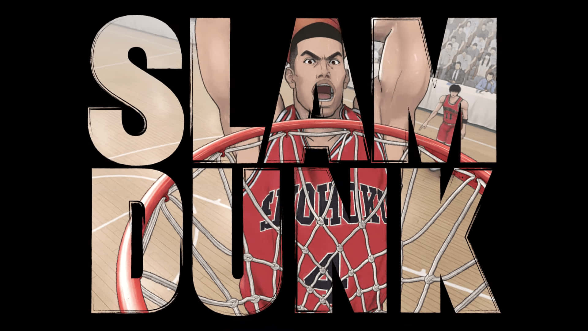 動漫籃球運動員正在灌籃，帶有 'SLAM DUNK' 文字疊加。