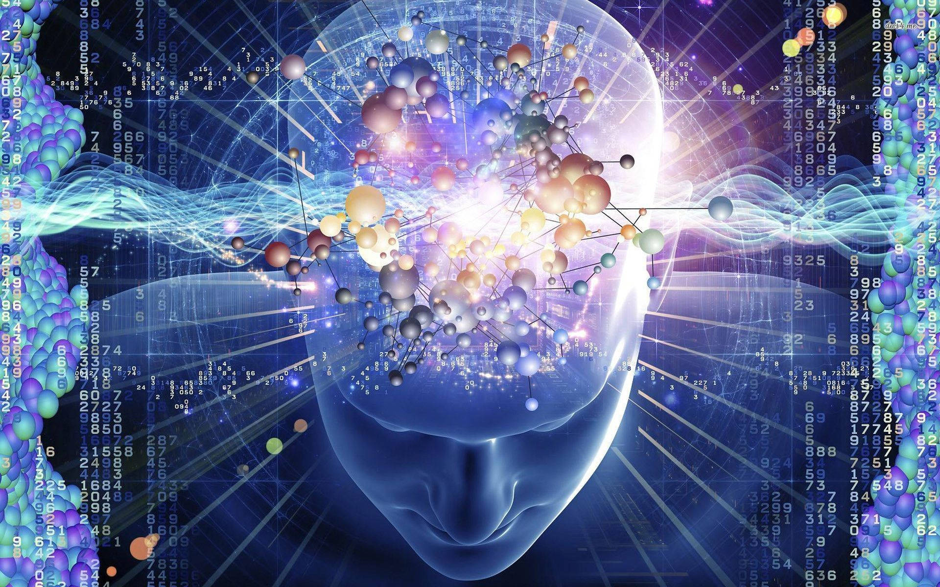 透過腦部矩陣解開科學的奧秘 壁紙 — 一個發光的半透明人頭，內部及周圍有彩色分子結構和數據流在黑暗的數位背景中旋轉。