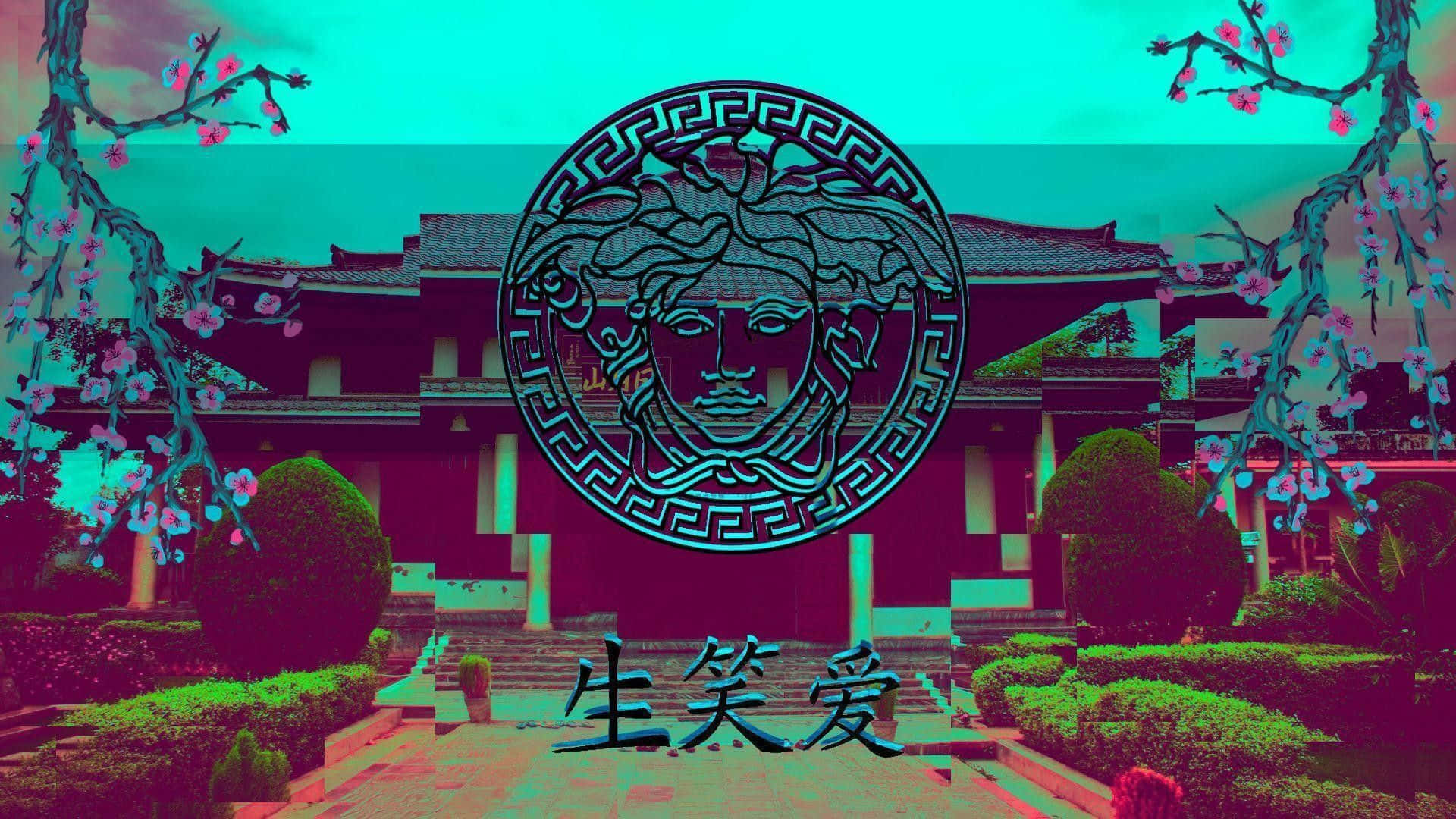 青色和洋紅色濾鏡的亞洲建築，帶有美杜莎標誌和櫻花。