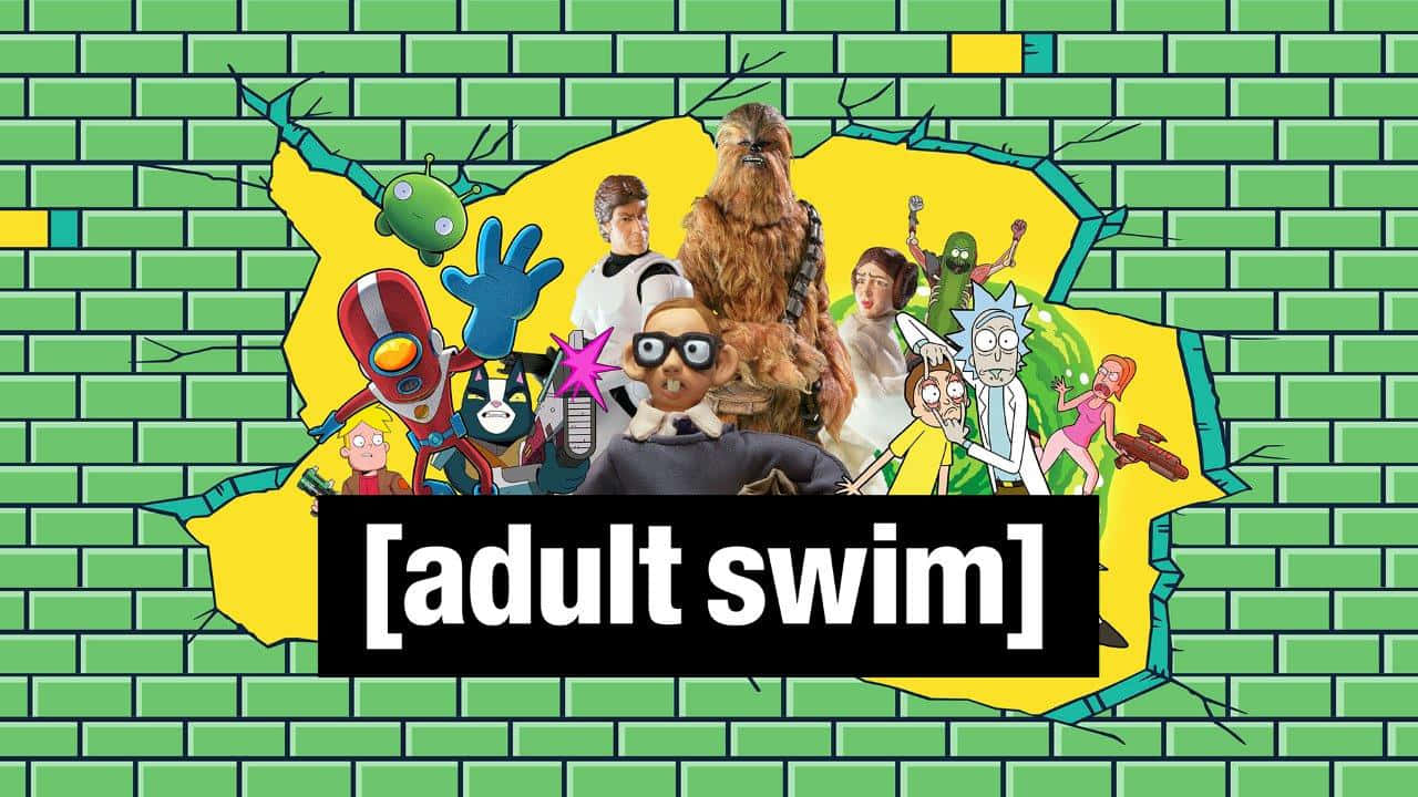 Adult Swim角色衝破綠色磚牆。