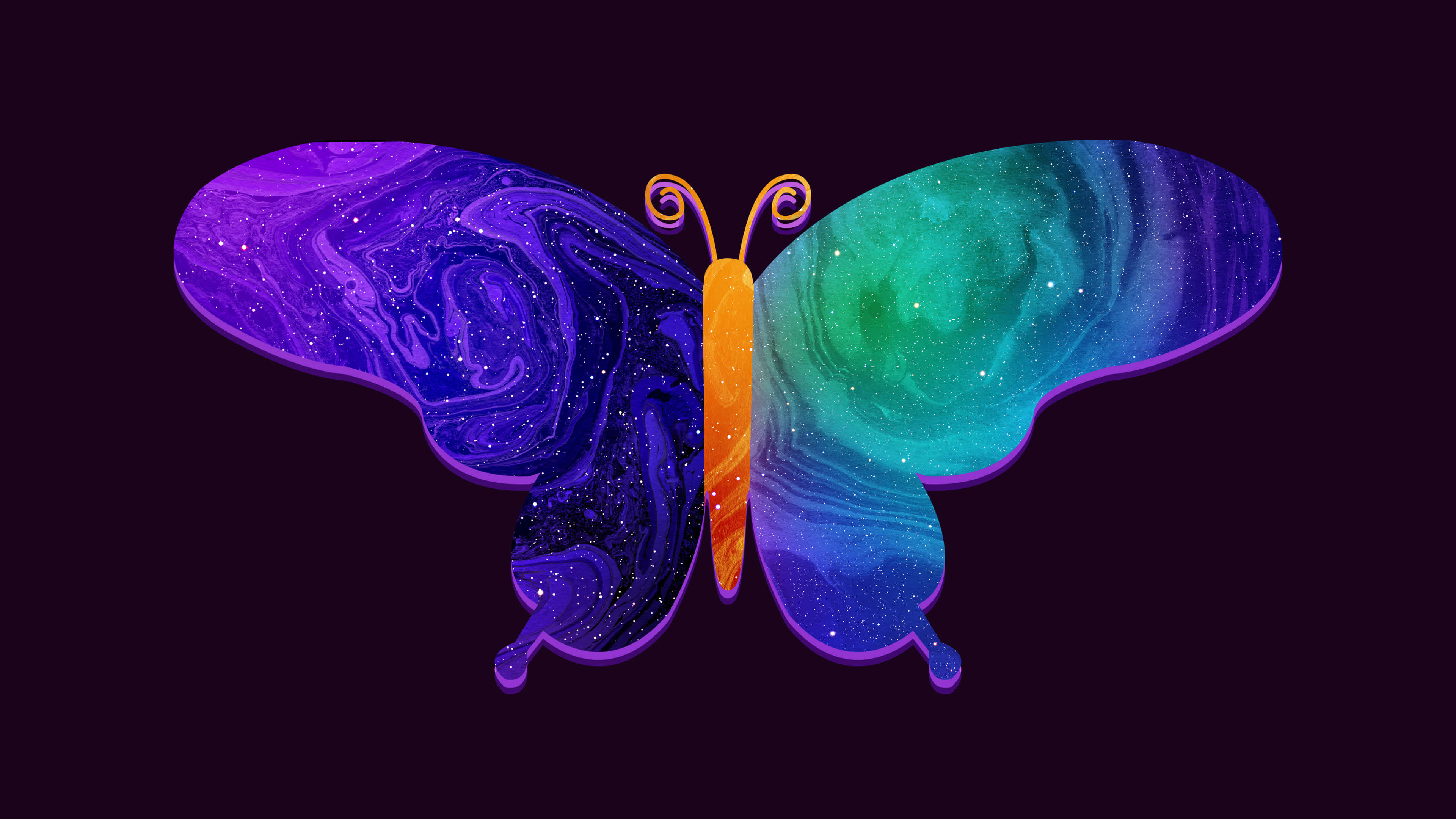 透過蝴蝶筆電欣賞自然美景 壁紙 — 一隻宇宙蝴蝶，擁有星系翅膀，一半紫色一半藍綠色，背景為深色。