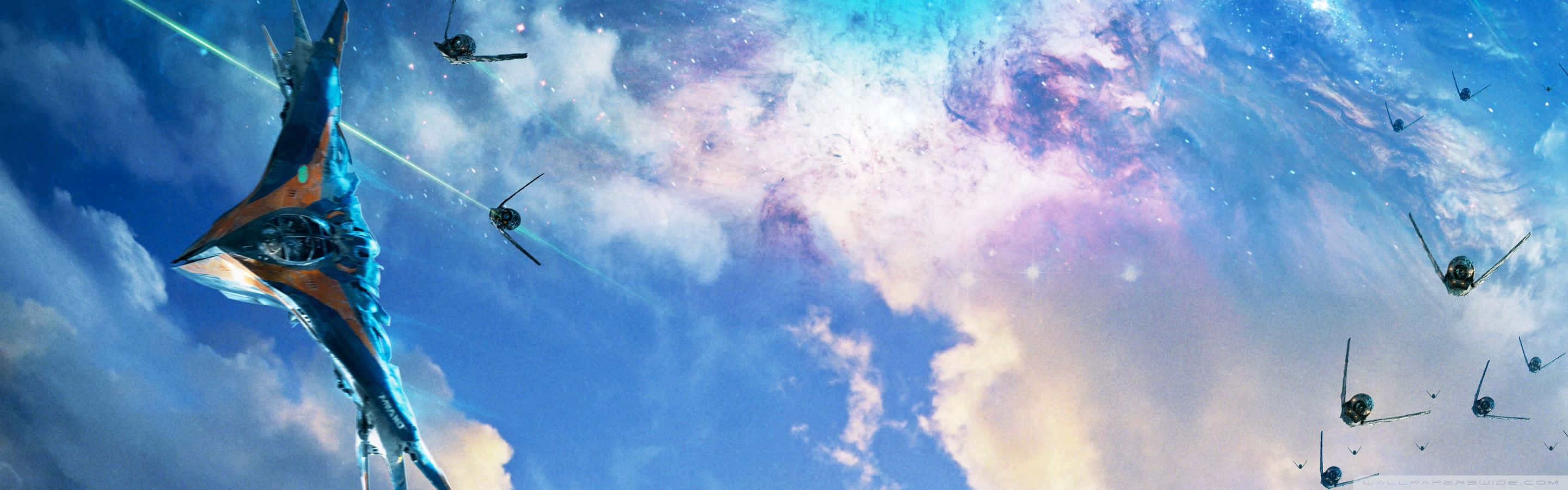未來主義太空船飛過色彩繽紛的宇宙雲層，附近有較小的船隻。