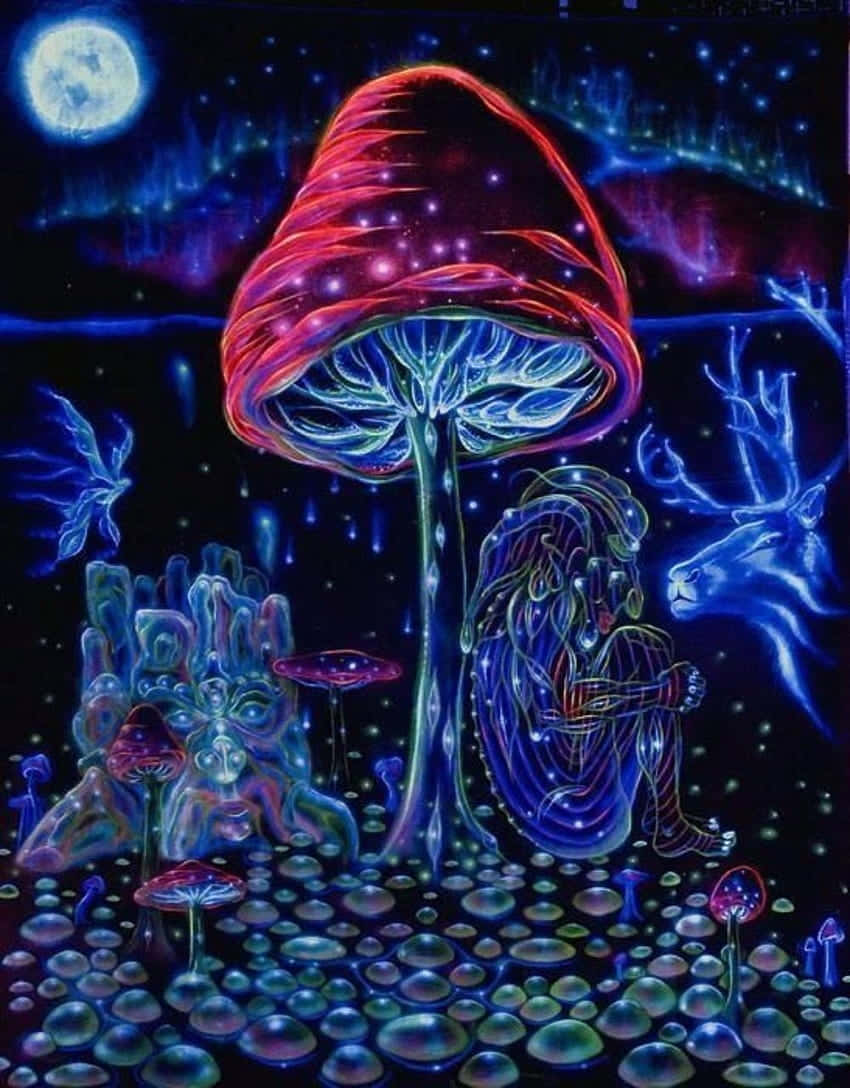 透過迷幻蘑菇開啟迷幻體驗 壁紙 — 一顆發光的紅色蘑菇，帶有星形菌蓋，站在滿月下的超現實夜間森林中，周圍有藍色鹿和發光真菌。