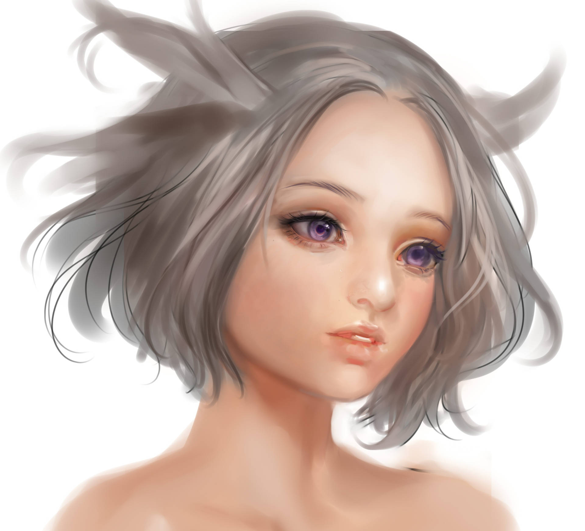 銀色頭髮和紫色眼睛的動漫女孩，柔和肖像風格。