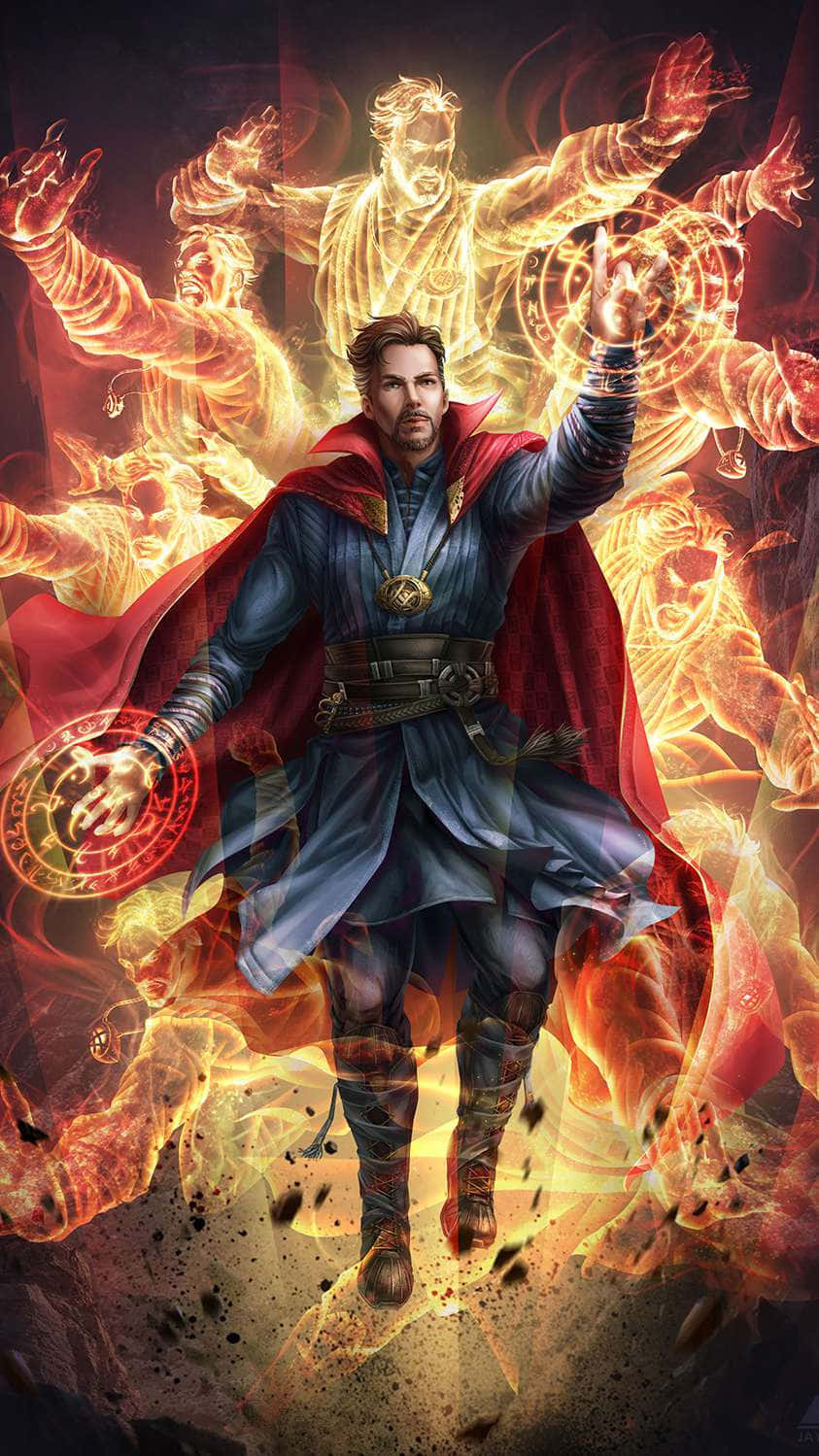 奇異博士用發光的手和旋轉的能量施展強大的魔法咒語。
