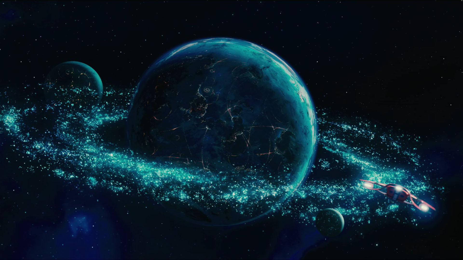 一艘太空船在深空中飛過一顆帶有閃閃發光環系統的青綠色行星。