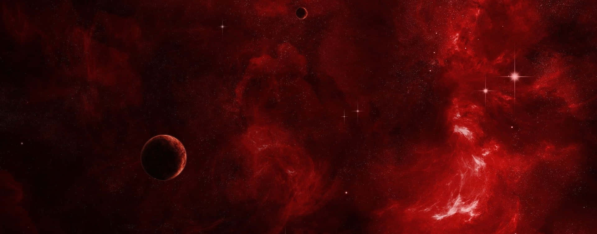深空中帶有發光星星和行星的紅色星雲