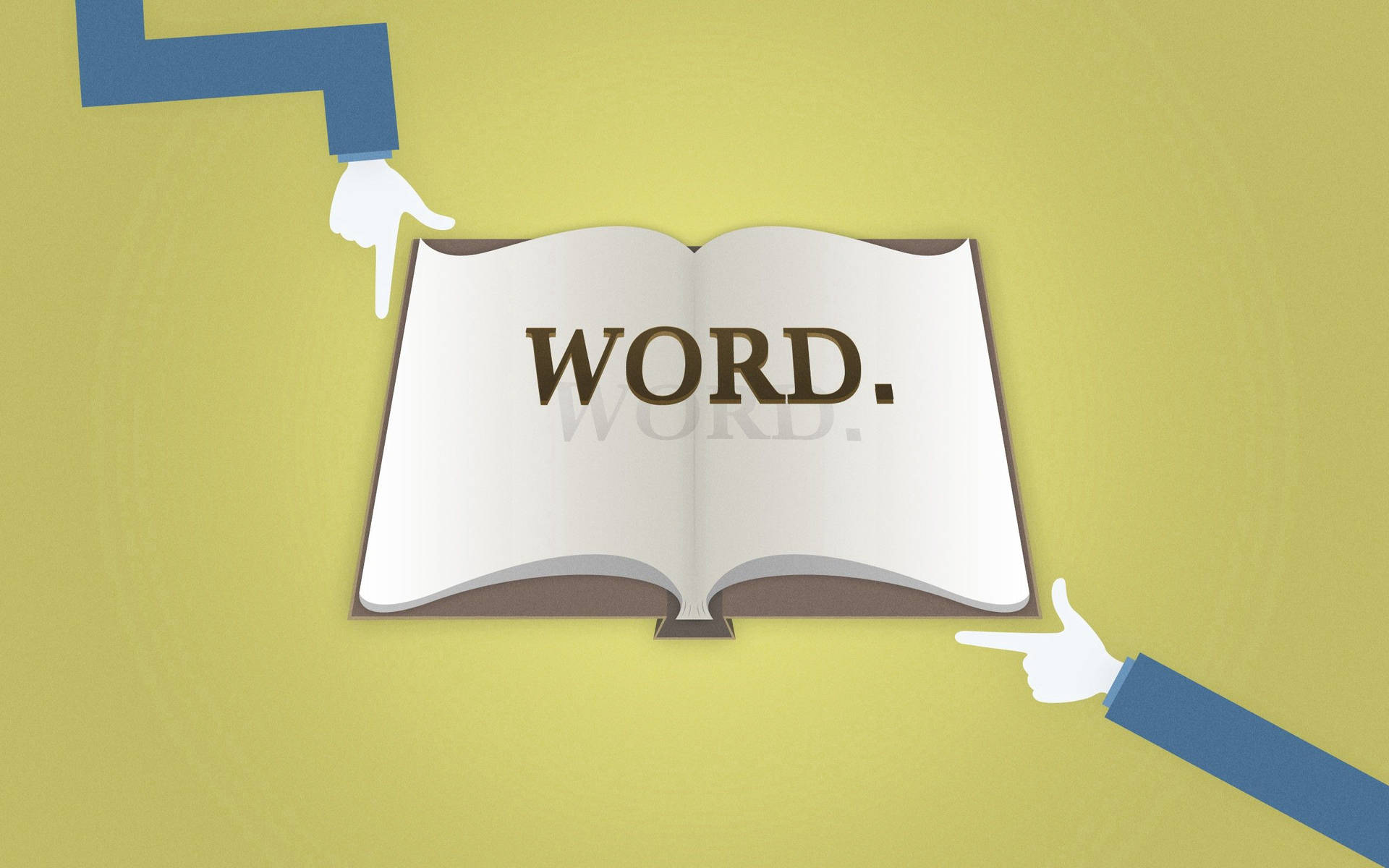 兩隻插圖手指向黃色背景上打開的書本中的單詞「WORD」。
