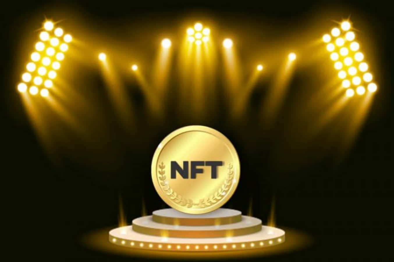 在明亮聚光燈下，照亮舞台底座上的金色NFT硬幣。