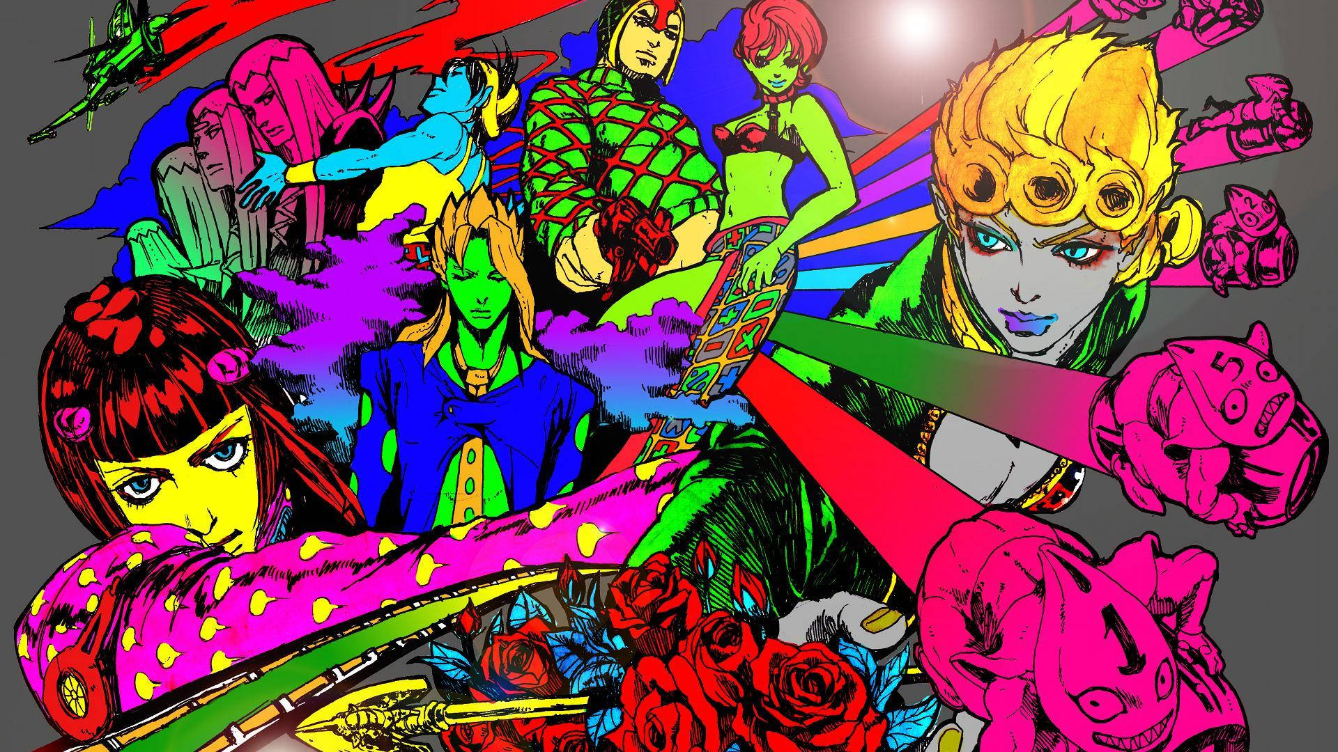 透過驚豔的塗鴉藝術體驗《JoJo 的奇妙冒險》的強大力量 壁紙 — 充滿活力的動漫角色在黑暗背景上以霓虹色彩爆發，伴隨著動態能量光束和玫瑰。