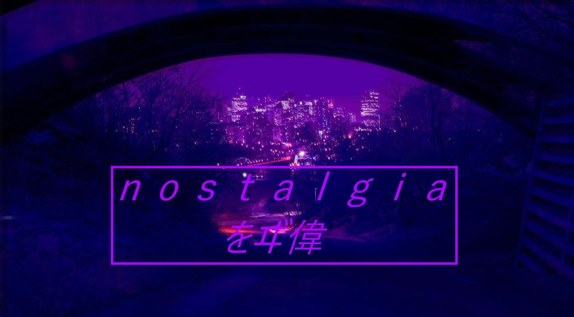Lo Fi Aesthetic 桌布 壁紙 — 透過黑暗拱門看到的紫色調城市景觀，帶有發光的霓虹文字 nostalgia 和漢字。