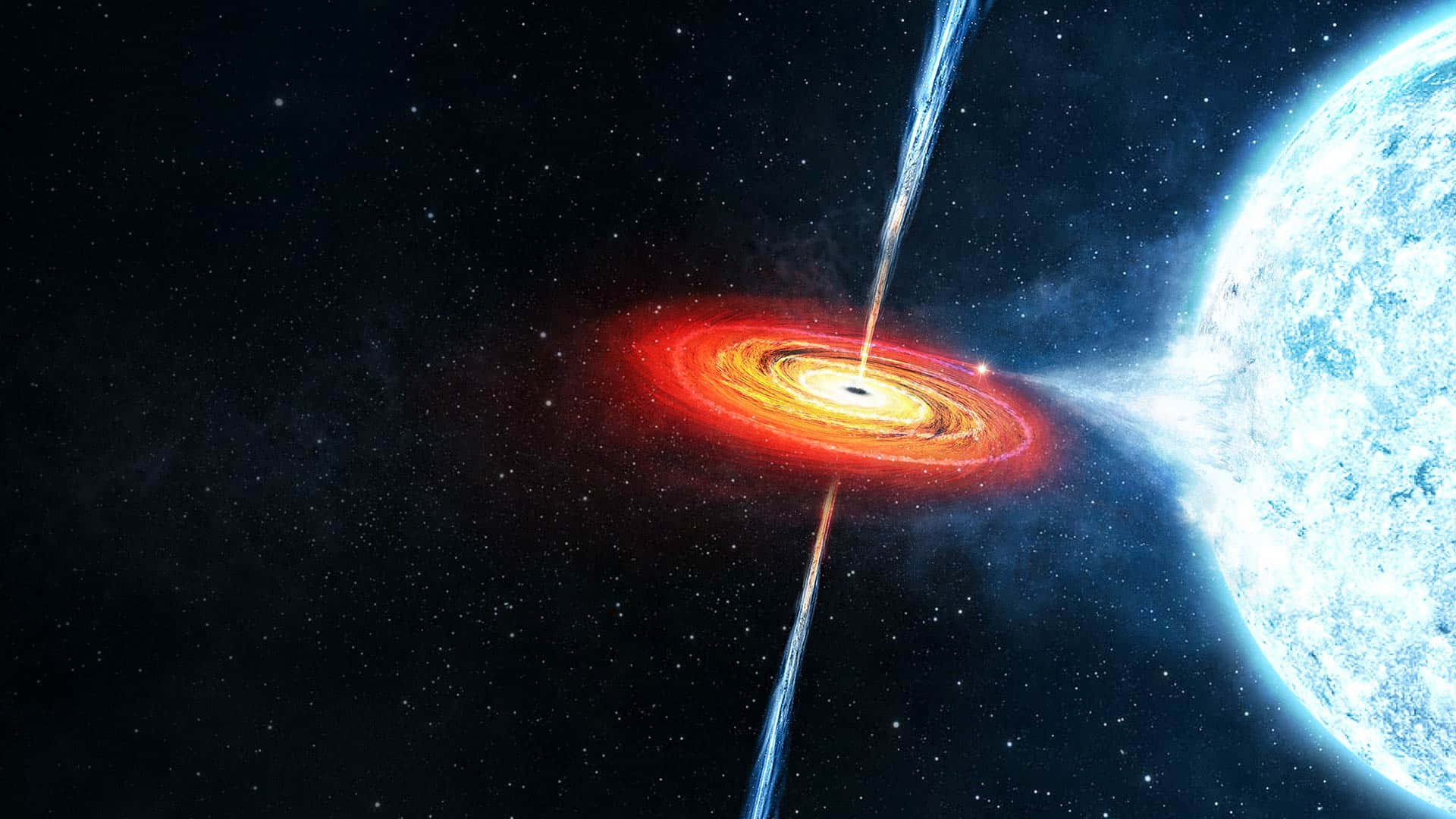 透過黑洞哈勃望遠鏡窺探宇宙深處 壁紙 — 一個宇宙場景顯示一個黑洞，帶有發光的吸積盤和從其兩極射出的噴流，靠近一顆藍色行星，背景是繁星點點的虛空。