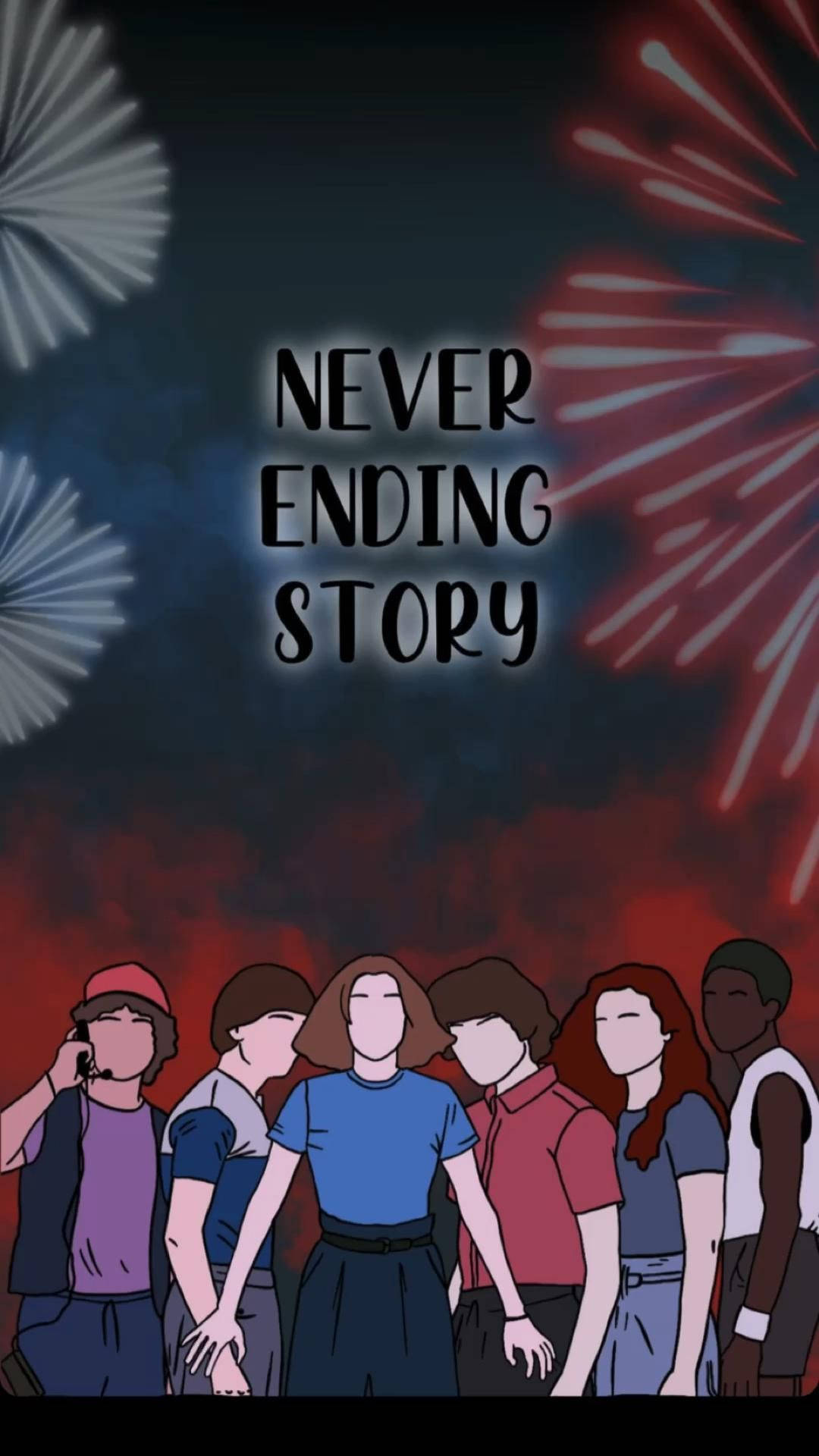 六位朋友在煙火下手牽手，上方有文字「Never Ending Story」。