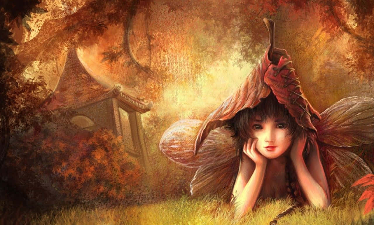 一位擁有樹葉翅膀的仙子，在木製涼亭附近的秋草中平靜地休息。