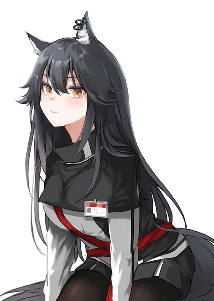 有貓耳和尾巴的動漫女孩，穿著黑色和紅色制服微笑。