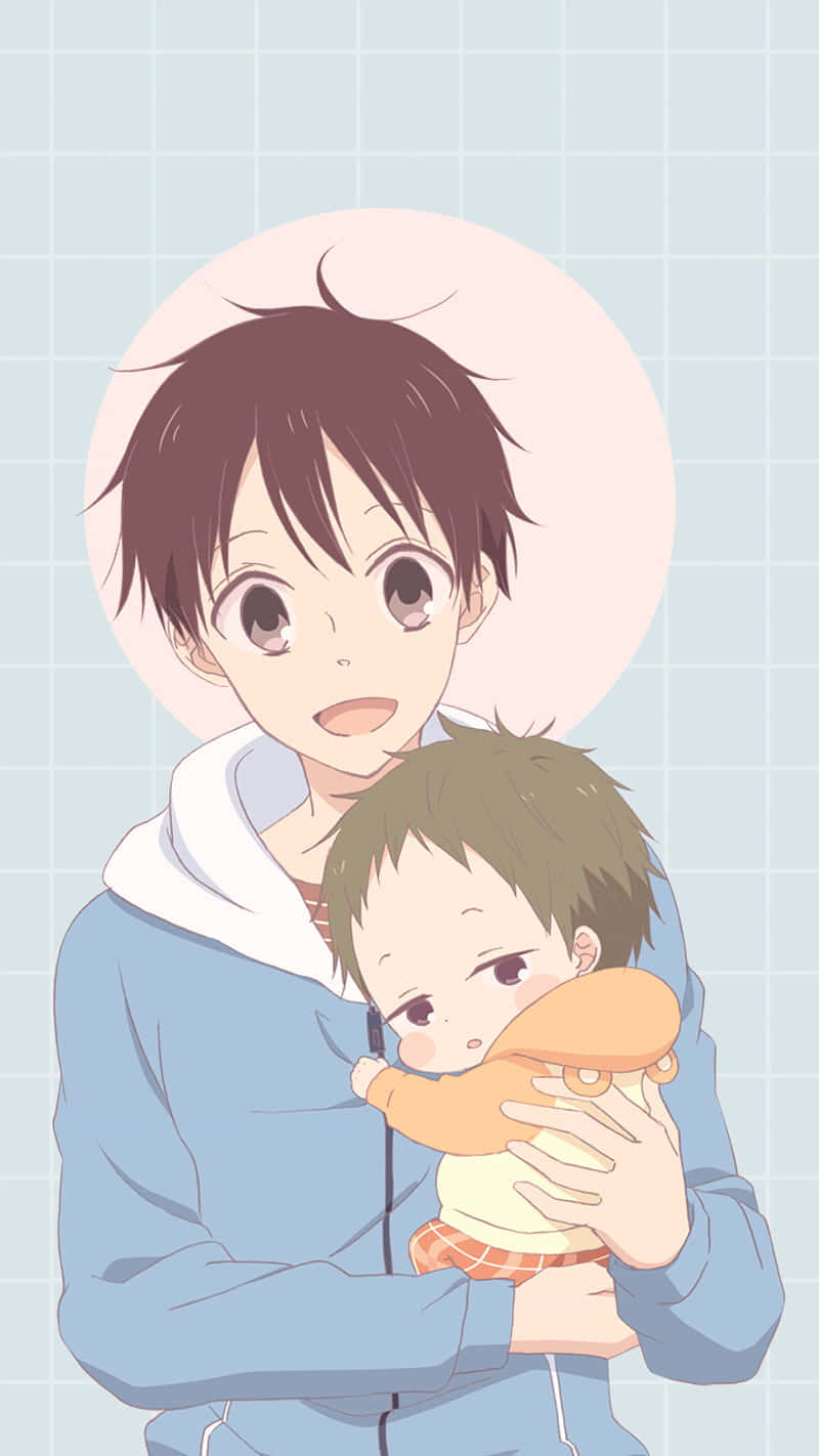 動漫男孩在舒適的室內環境中抱著一個睏倦的幼兒。