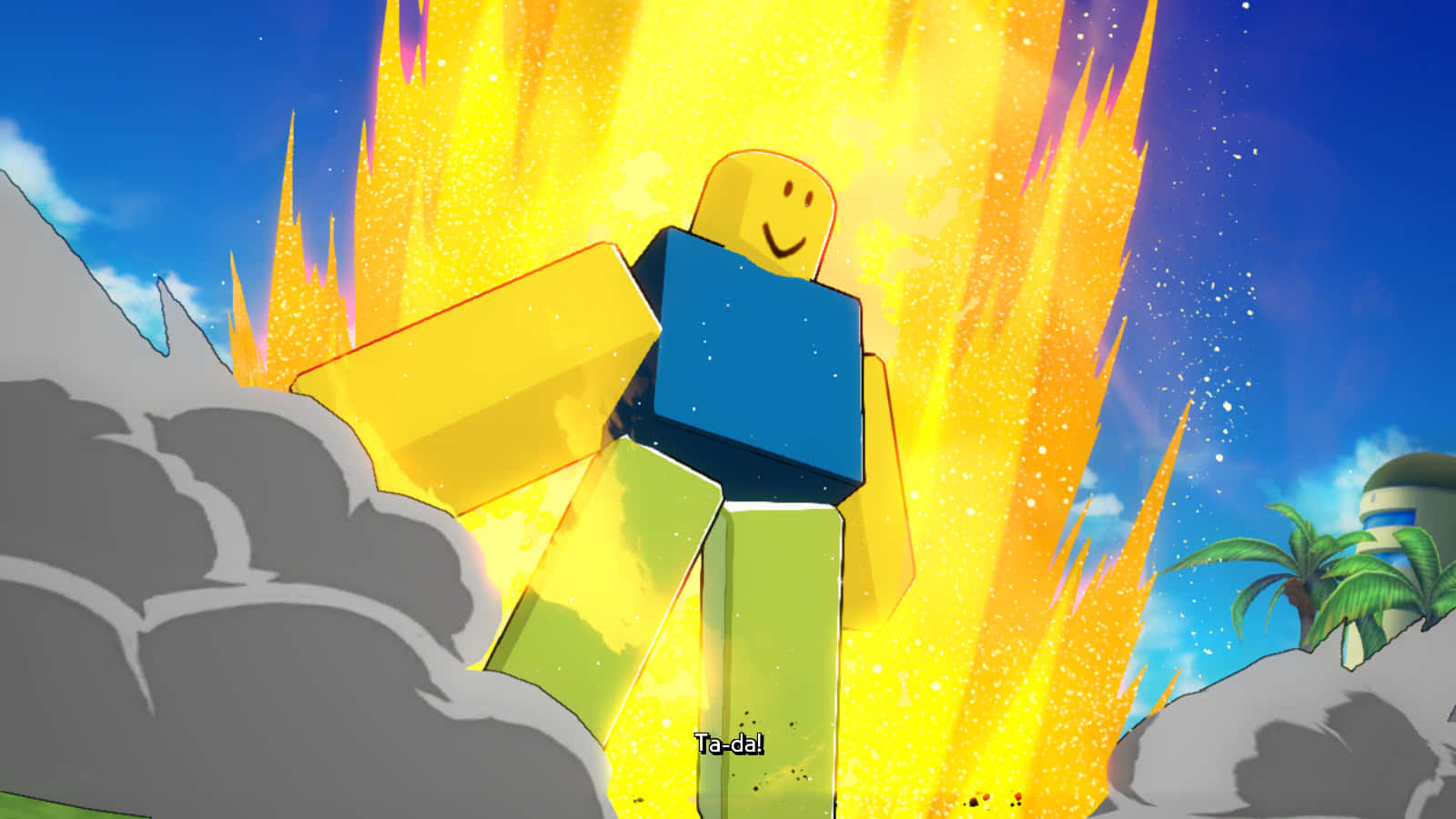 這位新手準備在Roblox中稱霸！ 壁紙 — 一個方塊狀的黃色頭像，藍色軀幹，從熾熱的爆炸中衝出，背景是明亮的藍天，有棕櫚樹和煙霧。