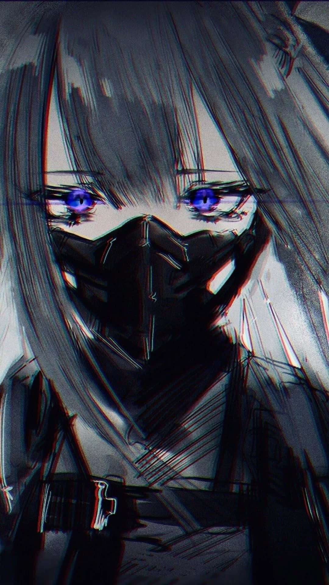 這位美麗感傷動漫角色的憂鬱時刻 壁紙 — 一個動漫少女的特寫，擁有發光的紫色眼睛和黑色面具，在深灰色背景前強烈凝視。
